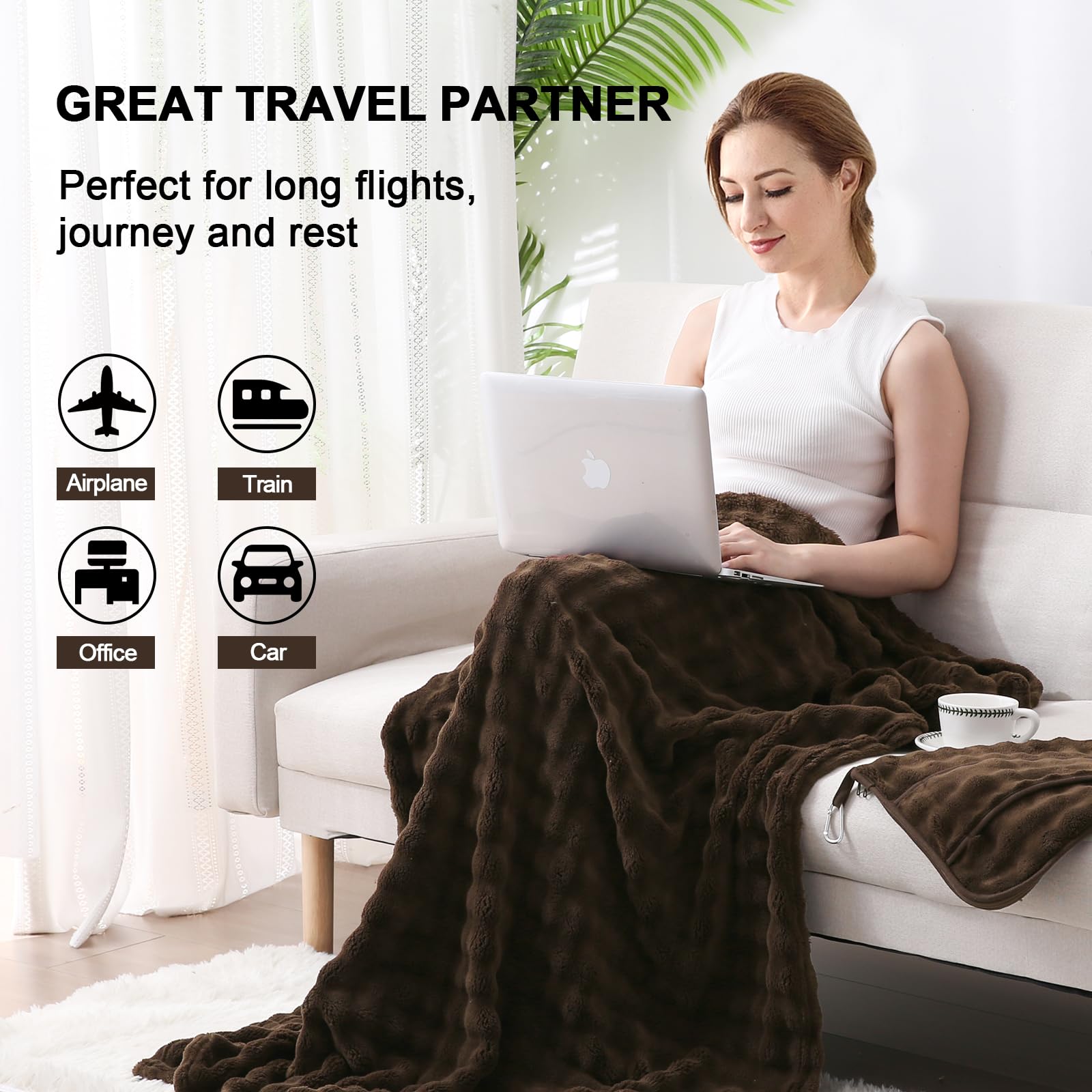Manta de viaje para avión, tren y automóvil, manta de viaje suave o almohada 2 en 1, compacta con bolsa de almohada portátil, manta de vuelo con funda de equipaje y clip para mochila, marrón 3