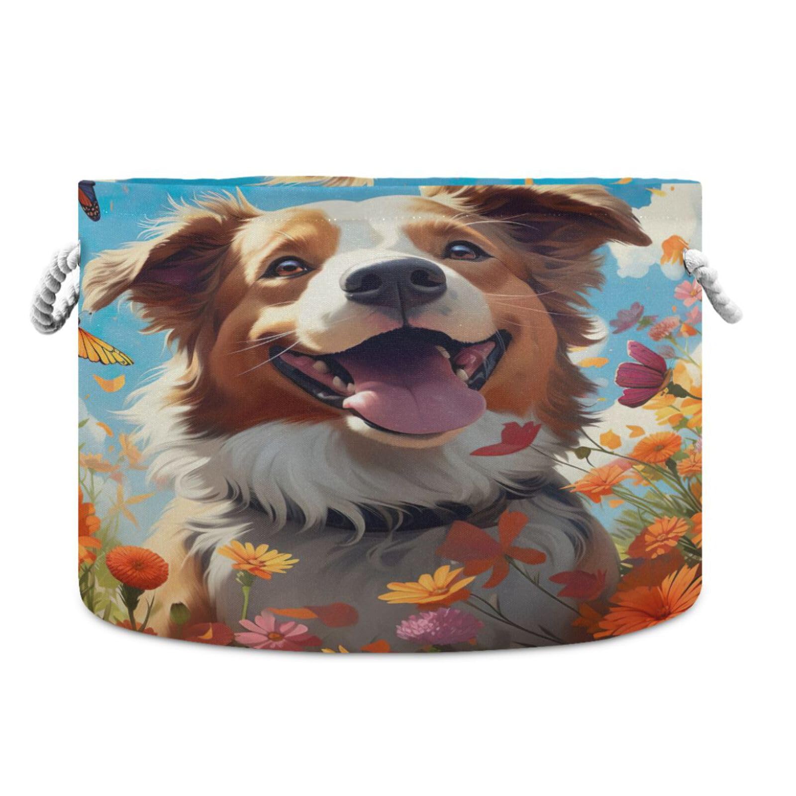 Round Cute Puppy Dog Butterfly Flower Storage Basket Large Organizer Bin Laundry Hamper Toy Storage Basket with Handle for Nursery Clothes Toys 202b4963