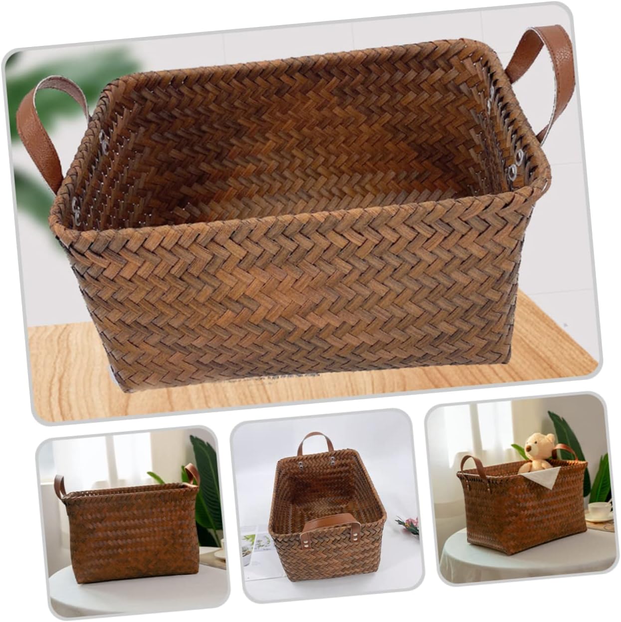 Pastoral Style Woven Storage Basket Medium Multi Purpose Home Organizer for Laundry Snacks with Comfortable Handles Capacity Bedroom Tabletop Storage Bin