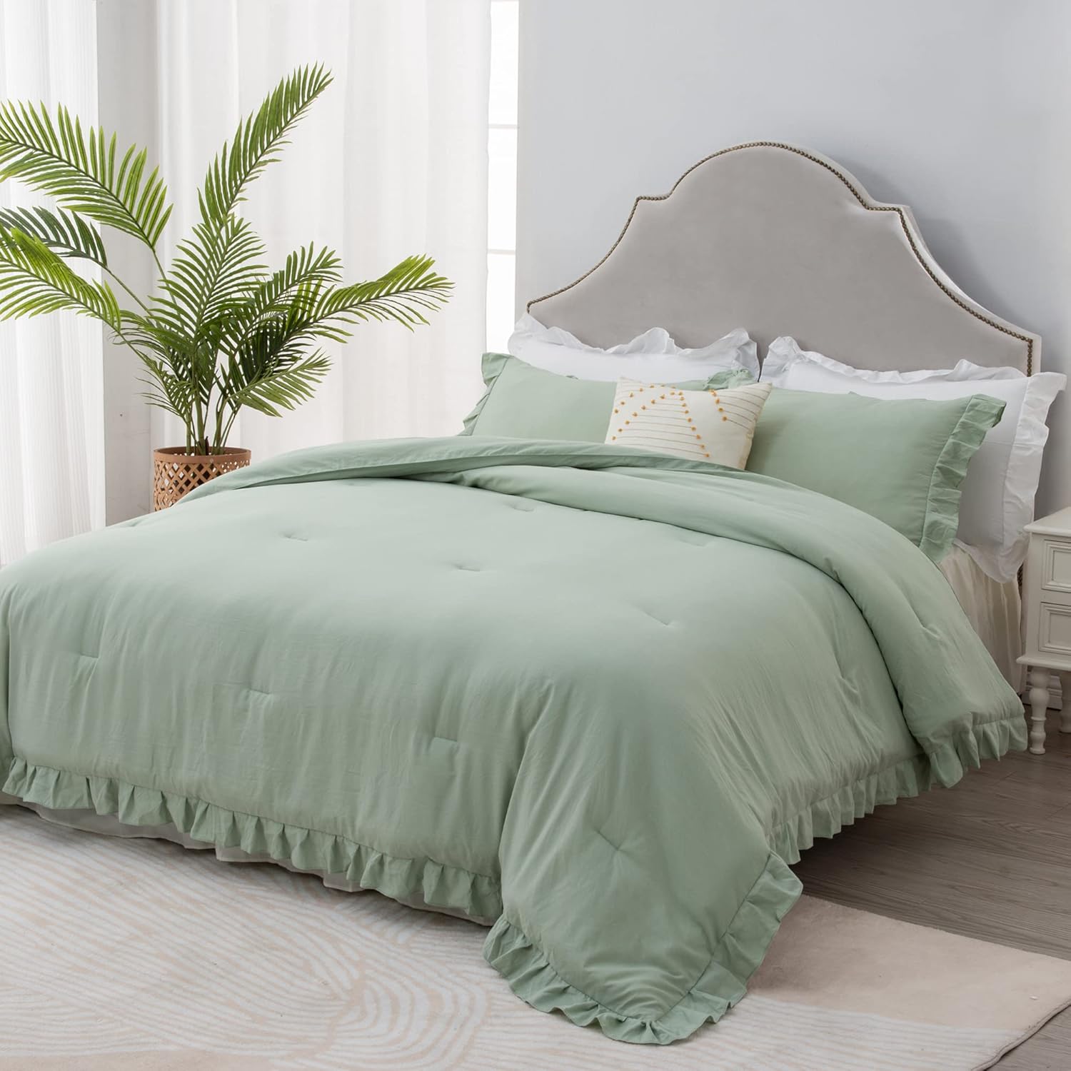 Litanika Comforter Full Size Set Sage Green, 3 Pieces Shabby Chic Farmhouse Ruffle