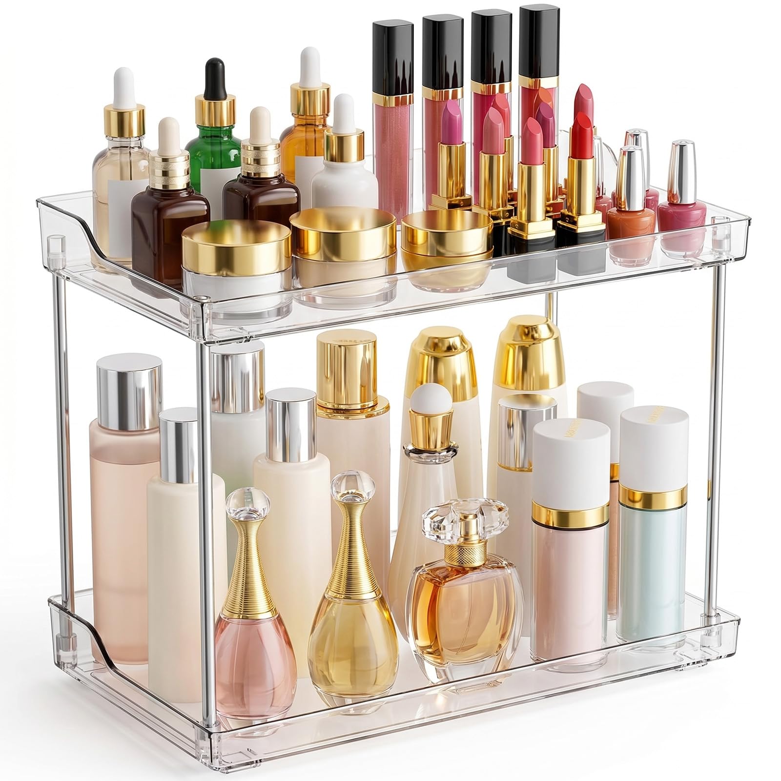 2 Tier Bathroom Counter OrganizerTiered Bathroom Organizer for Makeup Perfume,Beauty Products Skincare Organizers Shelf Vanity Storage Tray for Bedroom Spice Racks for Kitchen Corner Rectangle