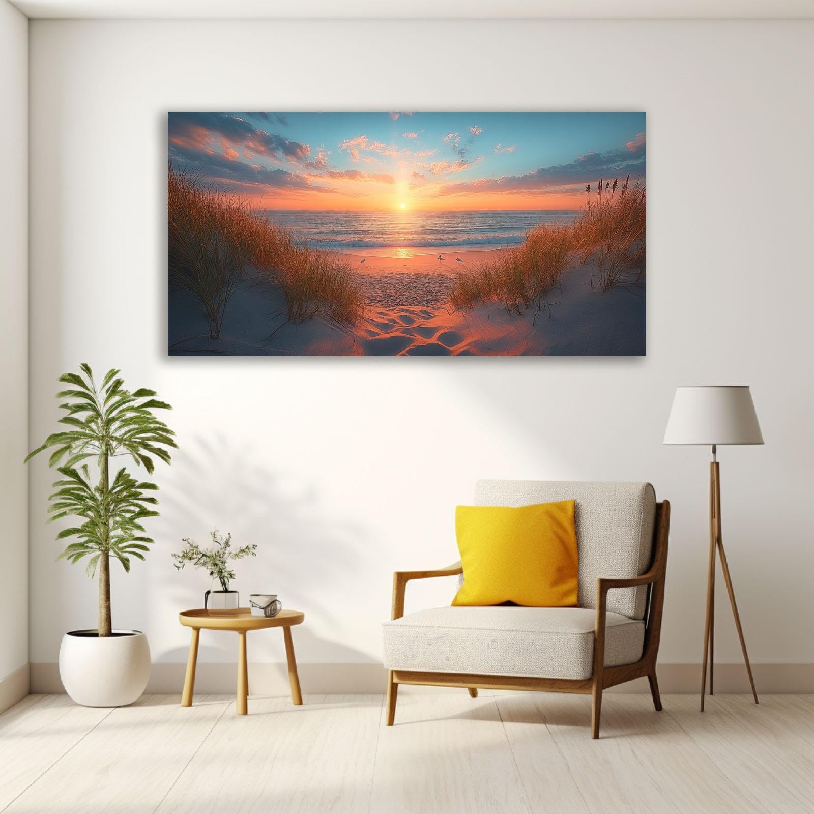 JosuE Or, orange Paysage Plage Mer Impression sur Toile Décoration, Paysage de coucher de soleil Tableau Salon Chambre Cuisine Grand Tableaux Decoratifs Muraux Art Wall-60x120cm Encadrée