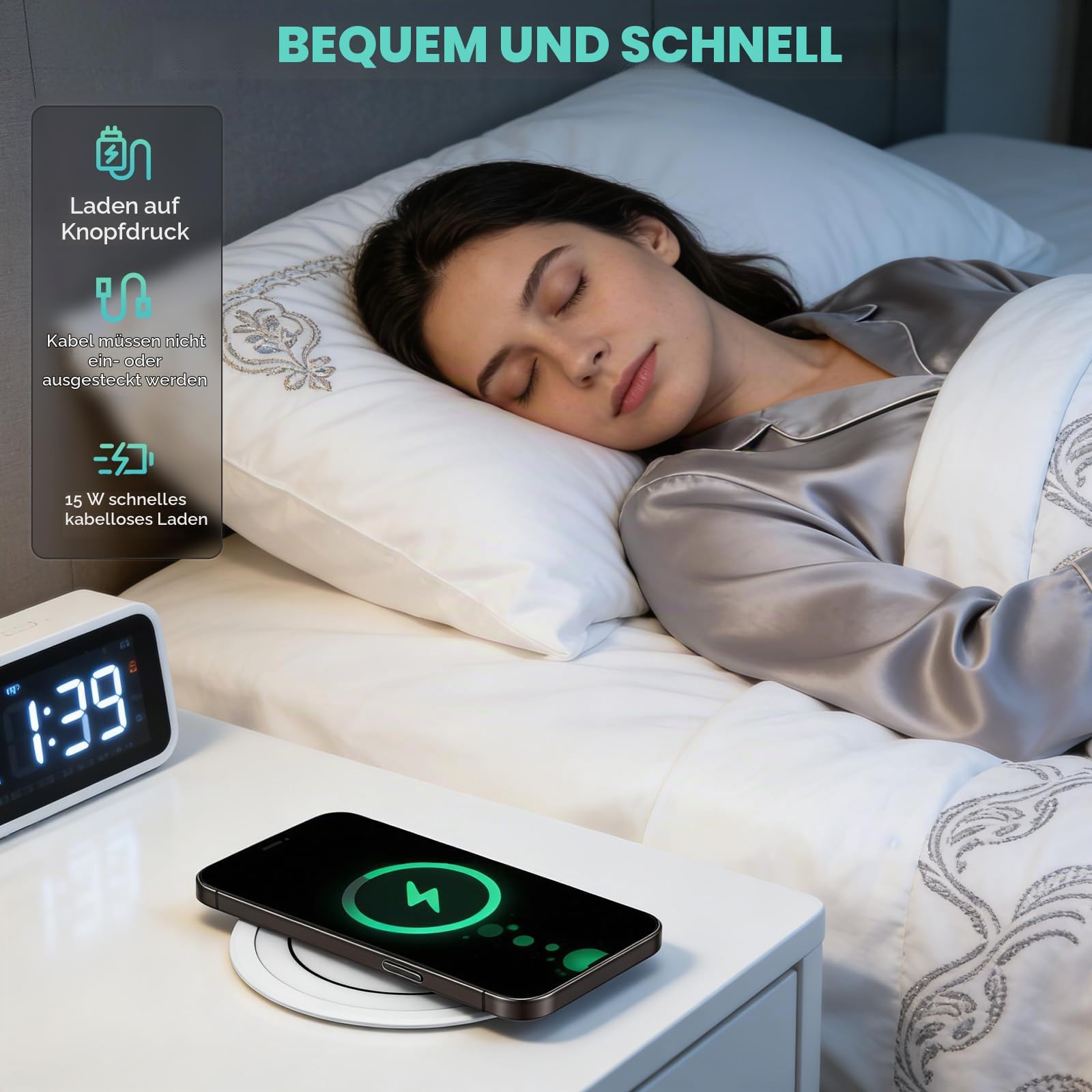 Versenkbare Steckdose mit USB C PD 75W, 8-in-1 Einbausteckdose mit 15W Kabelloses Ladegerät, 4 Fach Versenkbare Tischsteckdose für Arbeitsplatte Küche, 1,5M Kabel, D 115MM
