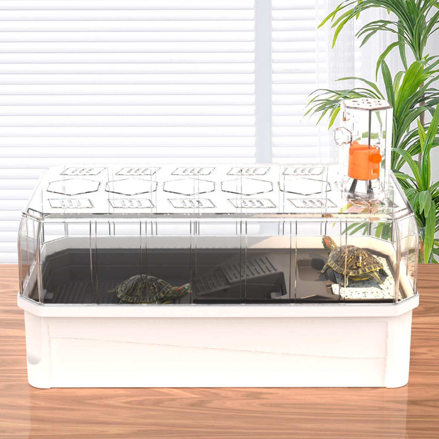 Tanque De Tortuga Extra Grande, Acuario De Tanque De Tortuga con Cubierta De Sol, Valla Transparente Extraíble, 5 Áreas para Disfrutar, Alimentar, Reproducción, Hibernación, Natación