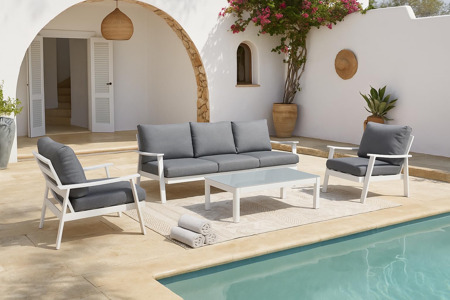 MOMMA HOME Set tavolo e poltrone da giardino - Tavolino e divani in terrazza, set giardino esterno, divano + 2 poltrone + tavolino da caffè in vetro temperato, JAVEA