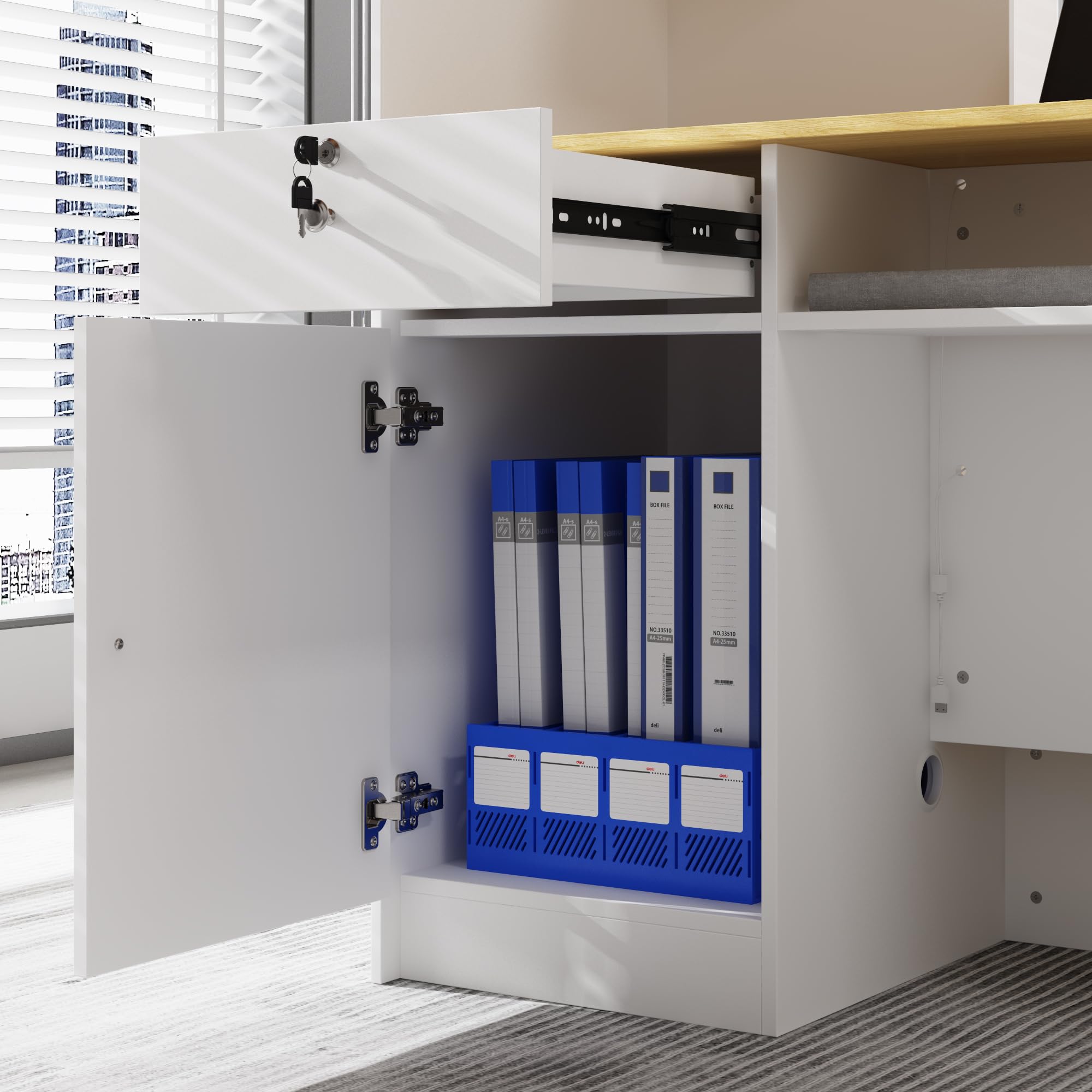 Banco reception, tavolo da reception, bancone con illuminazione a 3 colori, tavolo reception con 1 cassetto e 1 armadio, bancone con area espositiva aperta con 2 scomparti bianco + legno naturale