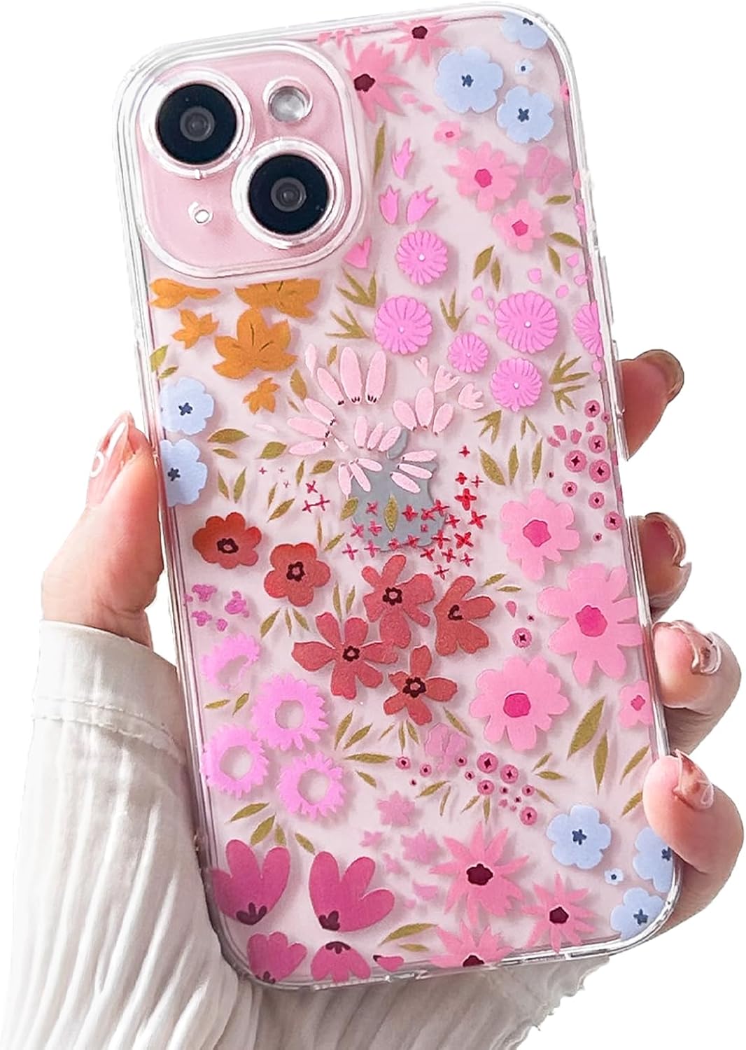 NITITOP Compatible with iPhone 15 Plus Case Cute Flower Floral Clear for Women Girls Soft Fit Slim Stylish Colour Floral Leave Pattern Design Protective Phone Cover - Pink