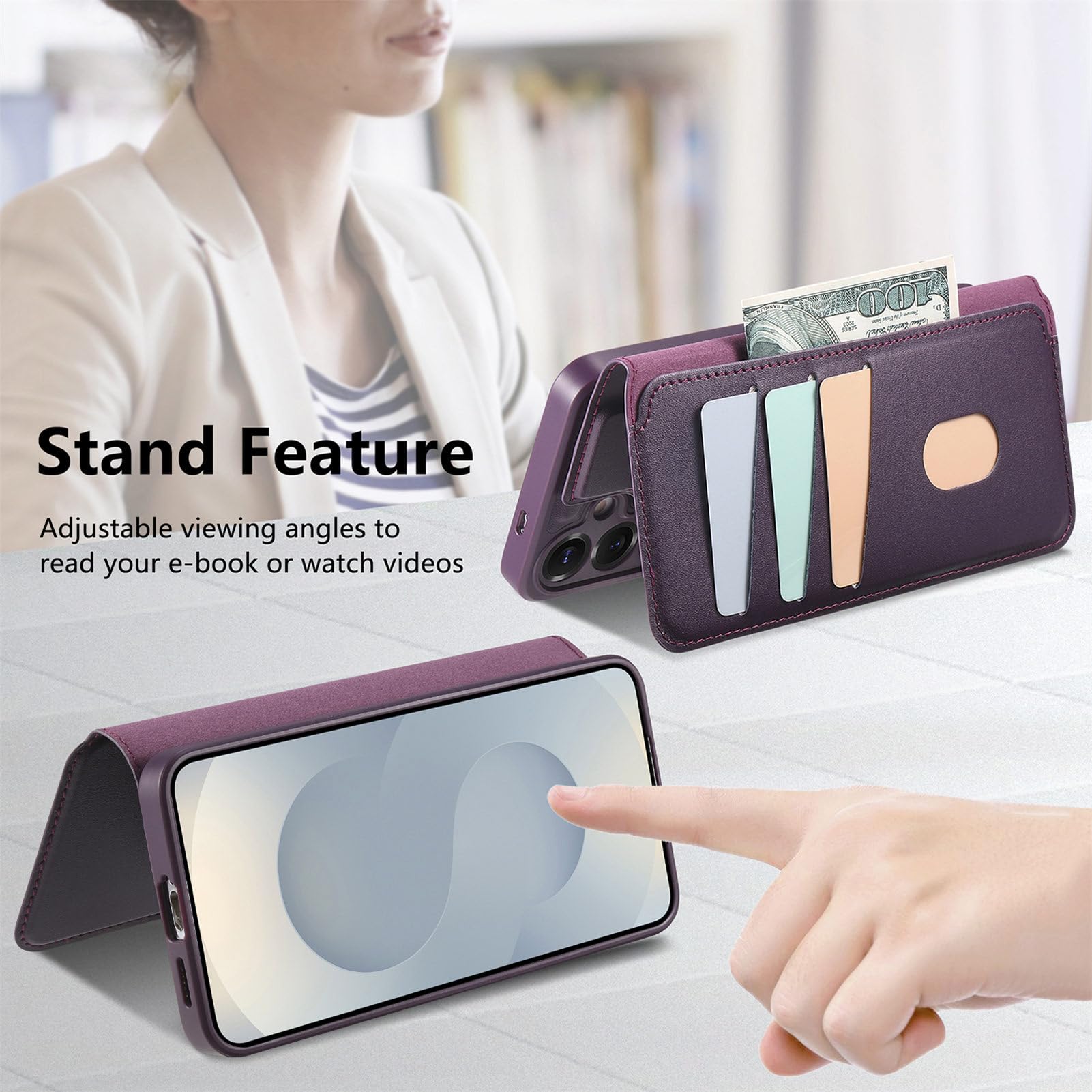 COQUE Magnetyczne etui do Samsung Galaxy S26 Plus z elastycznym paskiem na nadgarstek, wbudowaną przegródką na kartę i regulowaną podstawką, odporne na wstrząsy etui ochronne - fioletowe