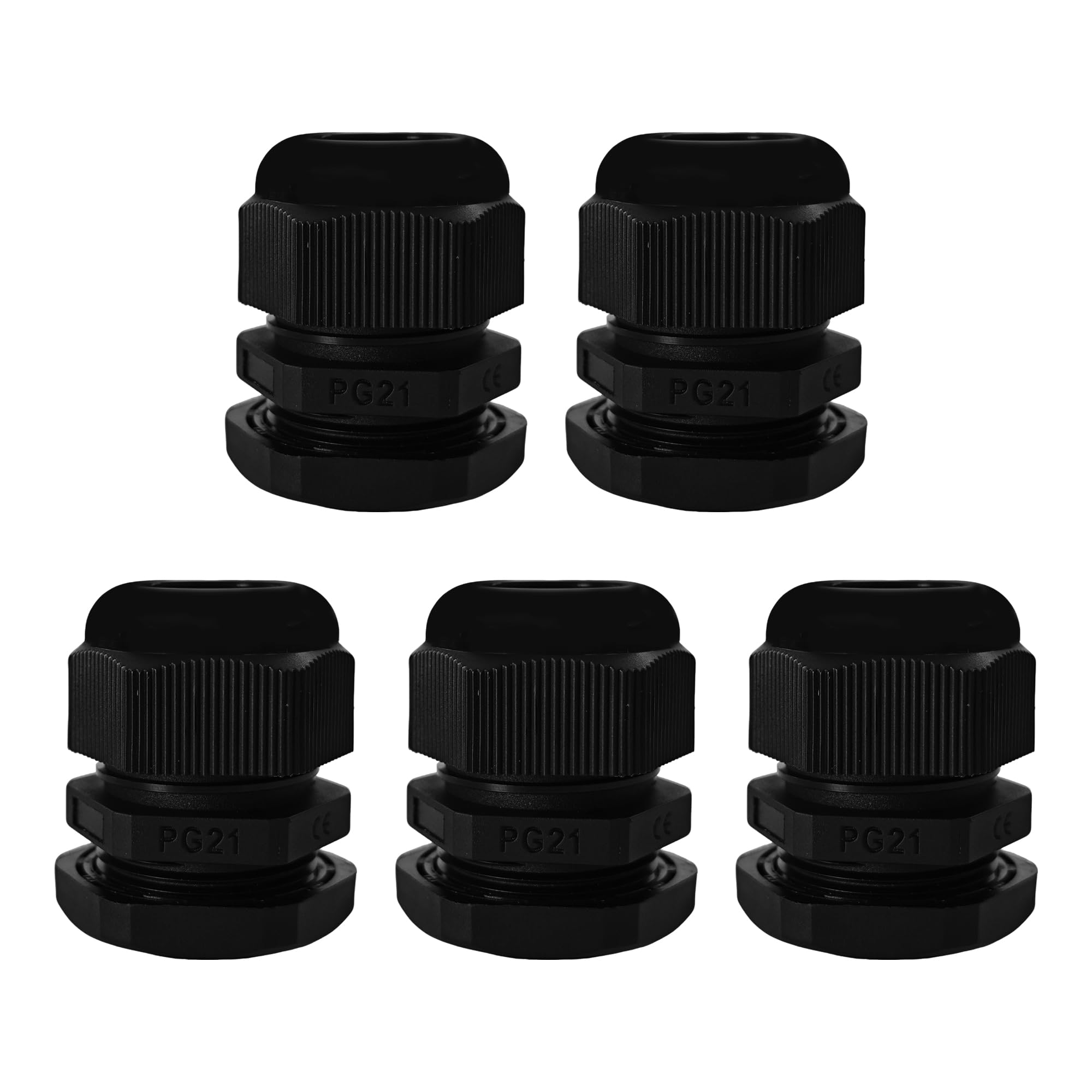 5Pcs PG21 Waterproof IP68 Nylon Cable Gland Connectors, Adjustable Locknut Protectors for 13-18mm Cables, Black Nylon Grommet Joints for Power Cables and Outdoor Use