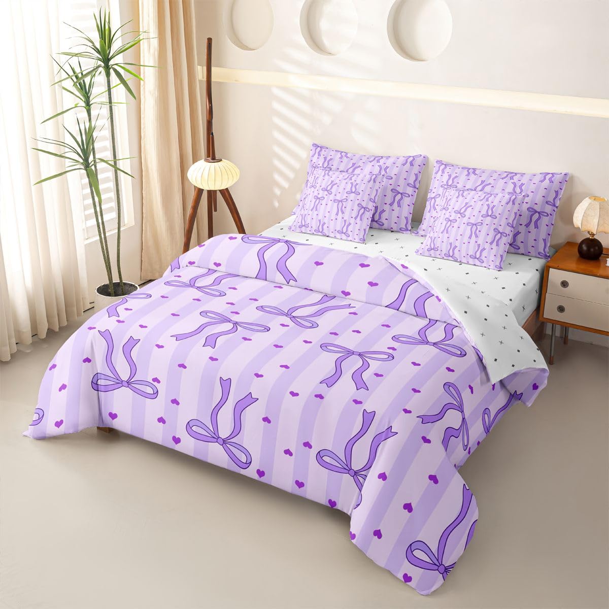 Loussiesd Copripiumino con lenzuola, 7 pezzi, per letto singolo, con grazioso fiocco kawaii, cuori, letto in una borsa, per bambini, ragazzi e ragazze, set di biancheria da letto a righe geometriche