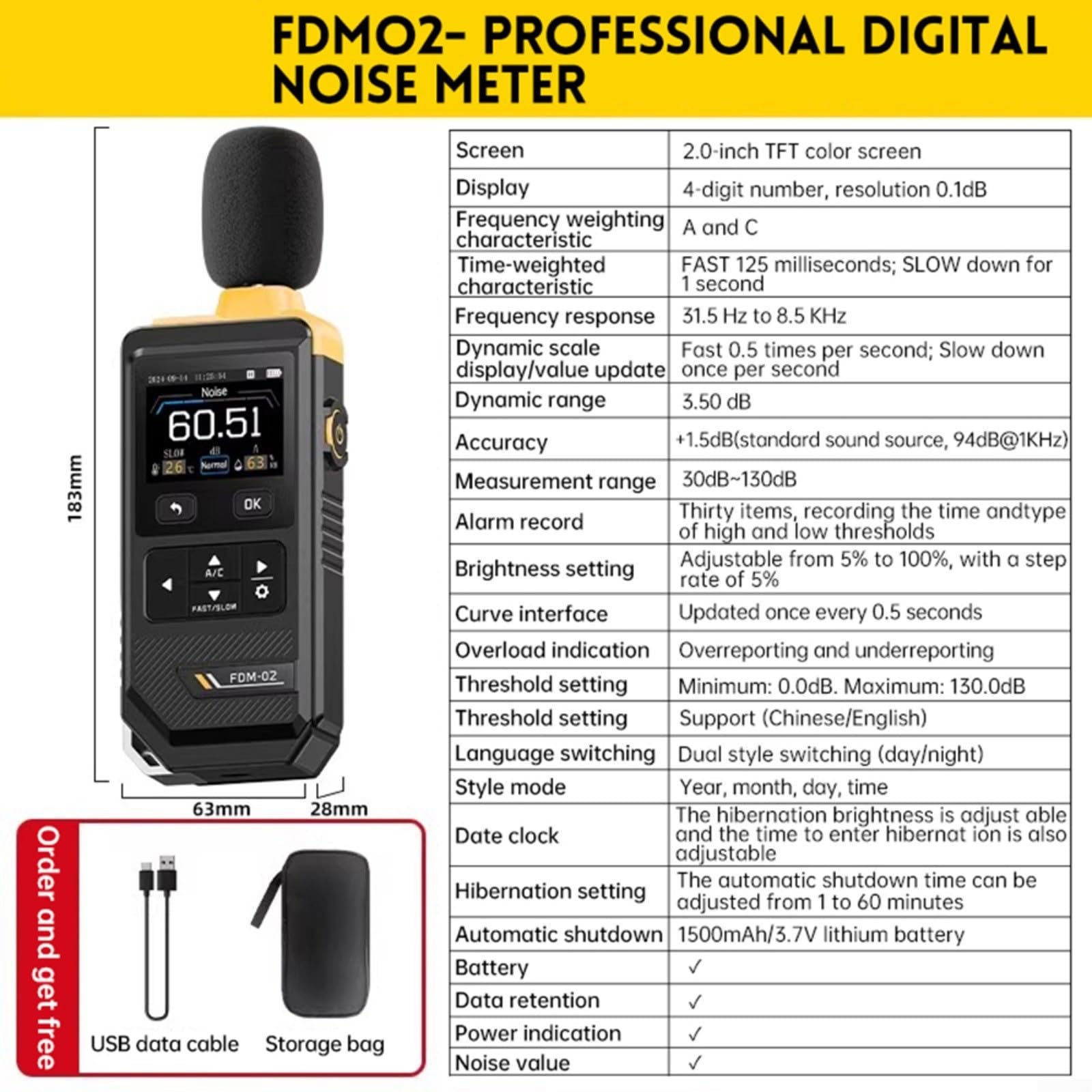 FDM-02 - Medidor digital de nivel de sonido (30 – 130 dB, A/C, con