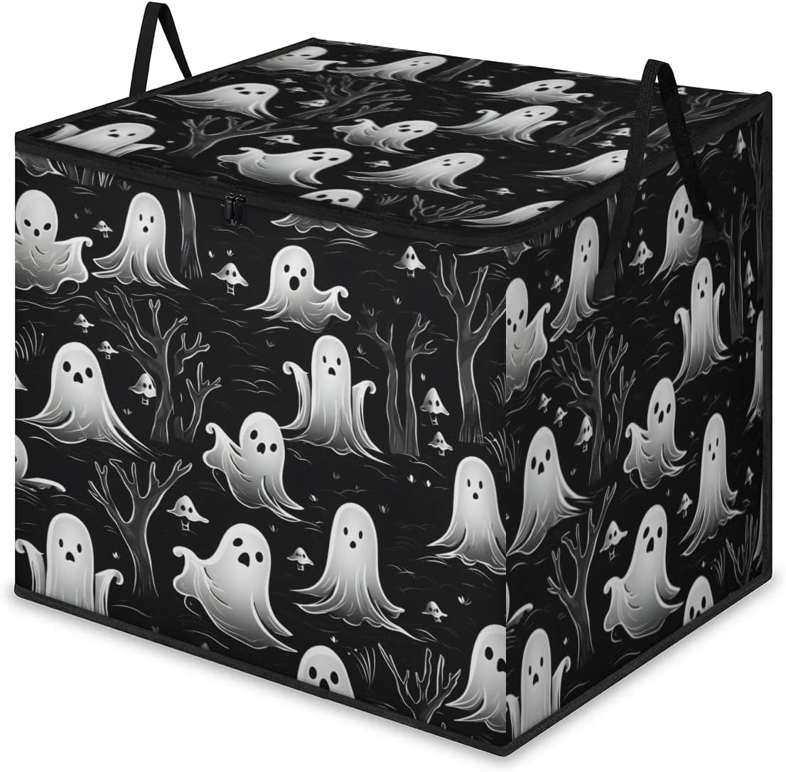 Honeybaby 214L Extra Large Comforter Storage Bag Ghosts Pattern Halloween Storage Totes with Lids Waterproof Closet Organizer Folding Blanket Storage Bags for Clothes Bedding Pillows