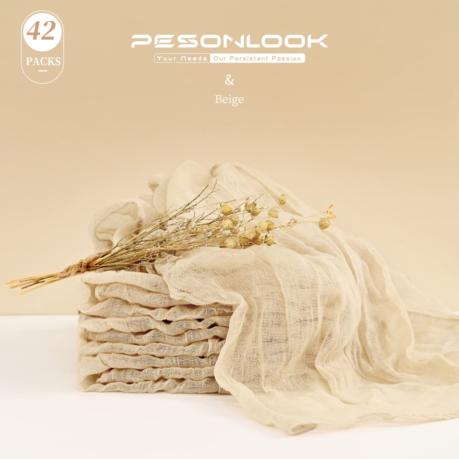 Lot de 42 serviettes en étamine froissées rustiques en lin pour mariage, dîner, famille, usage quotidien/fêtes (50,8 x 50,8 cm, beige)