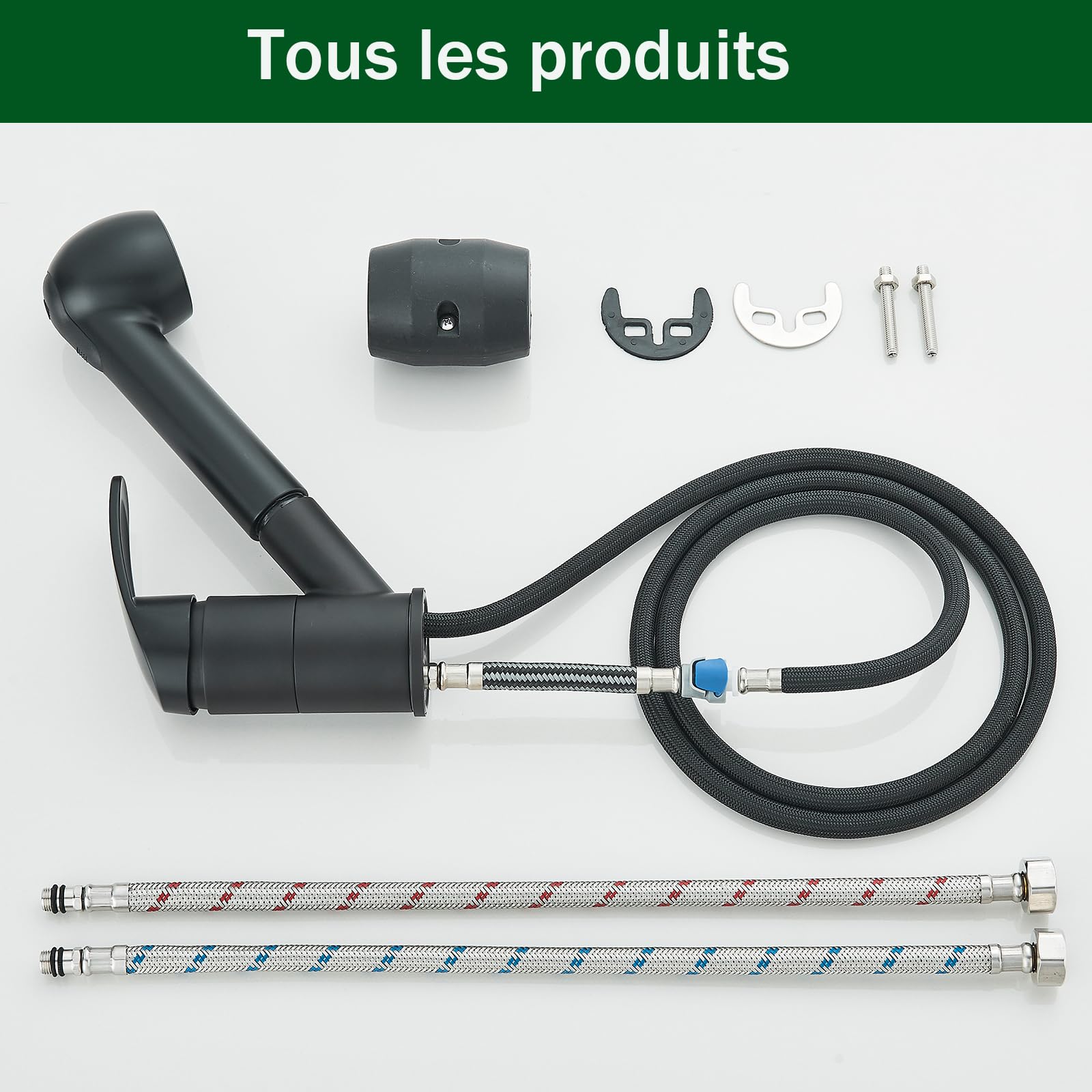 Robinet Cuisine Noir,Mitigeur Cuisine avec Douchette Monocommande,Robinet Pivotant À 360° pour 1 Trou,2 Modes de Pulvérisation