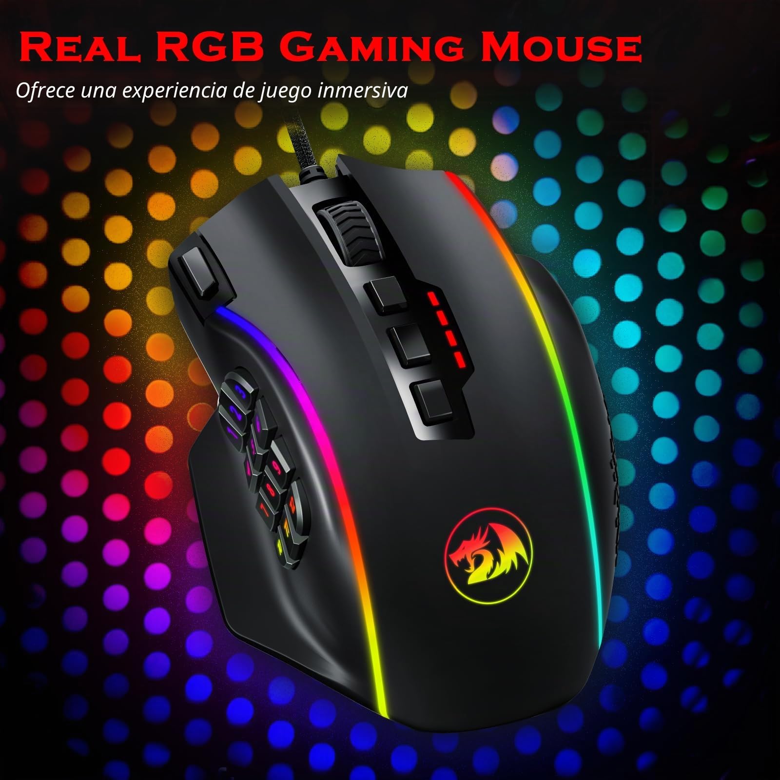 Redragon - mouse para juegos, MMO Mouse Gaming UP 12400 DPI, 19 botones programables macro, mouse RGB con 12 botones laterales, 8 ajustes de peso de 2,4 g para PC portátil MOBA FPS, M901K, negro