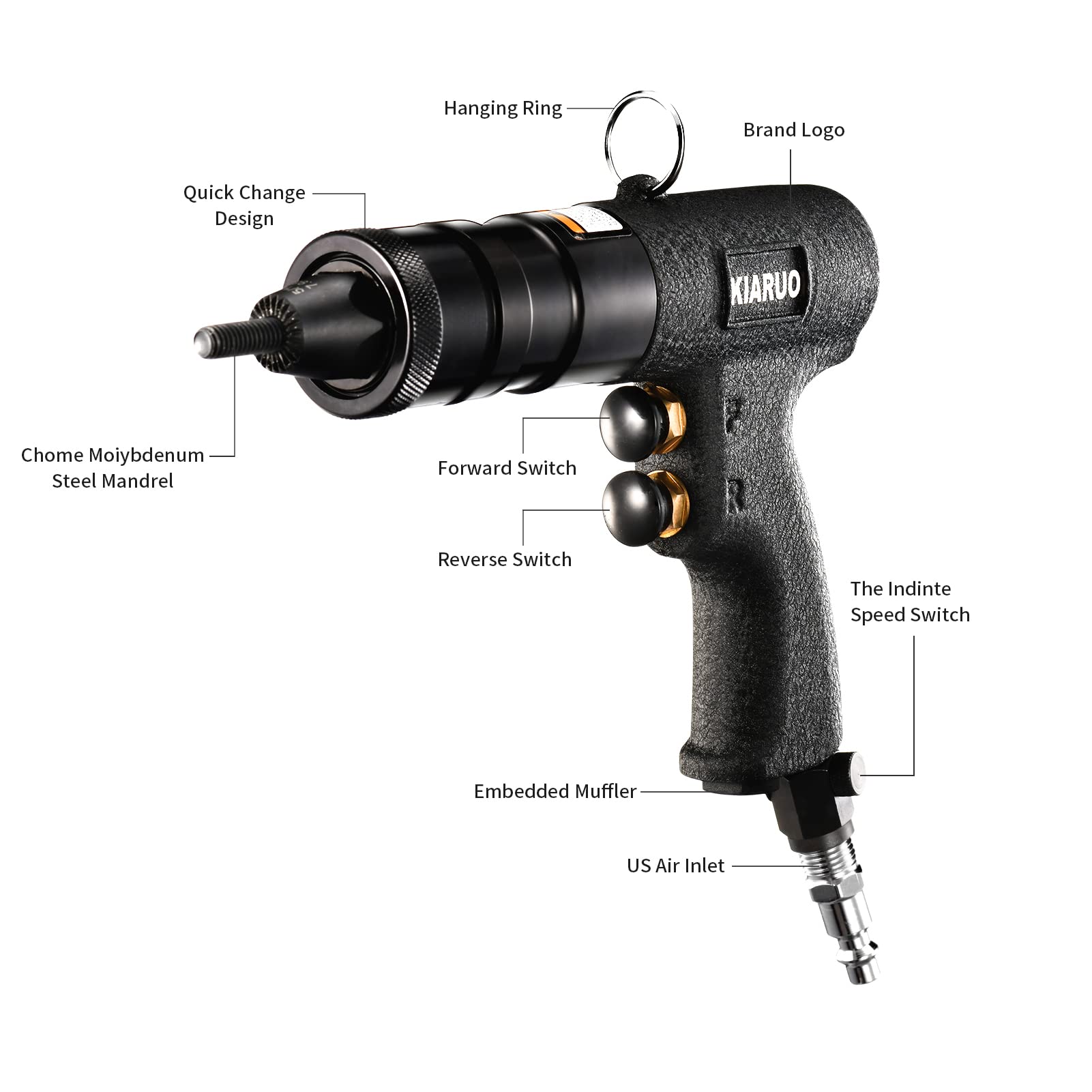 Pistola de tuerca de remache neumática M4, M5, M6 con mandriles de repuesto, RPM 1500 pistola de remache de grado industrial MODEI: LM08 interruptor de botón