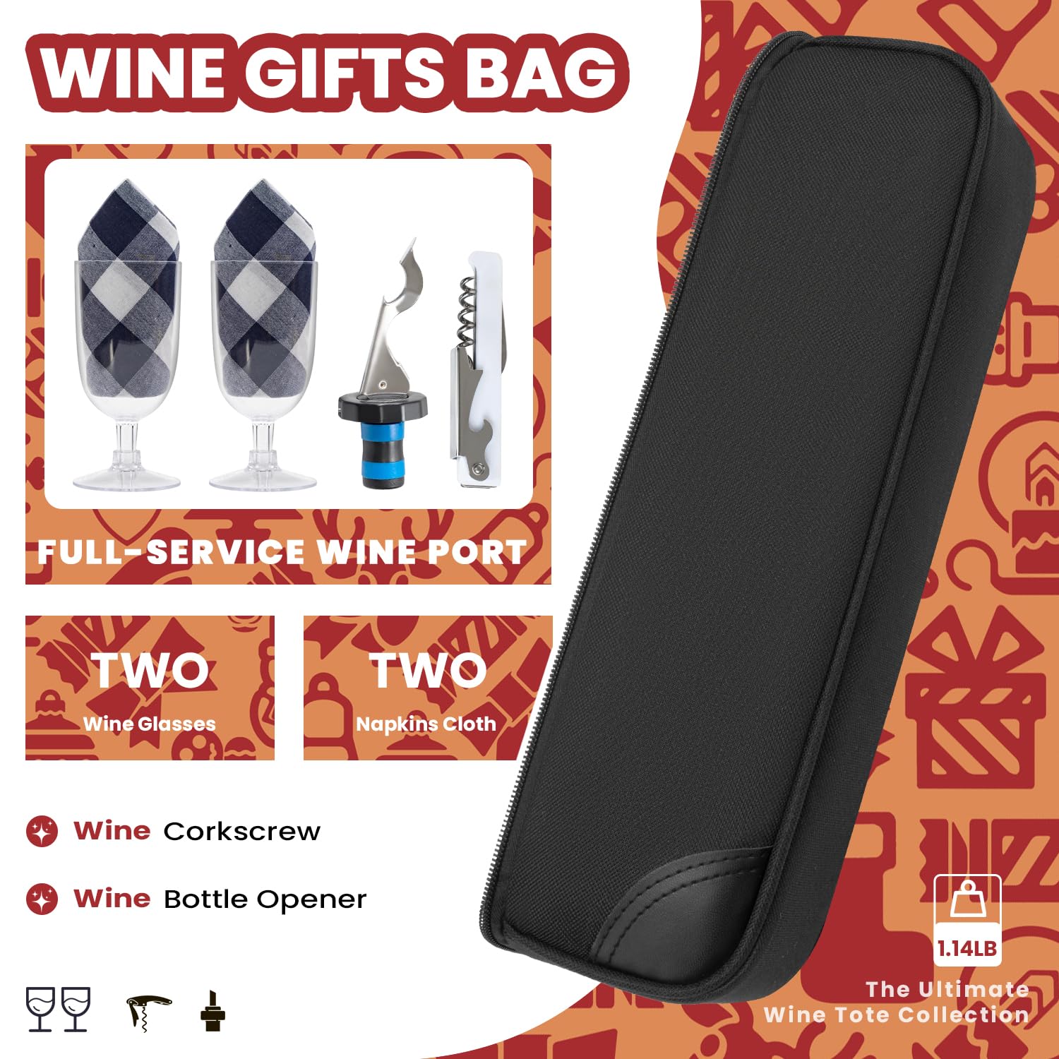 ALLCAMP Wine Bag - Insulated Cooler Bag with Wine Glasses, Bottle Opener & Wine Accessories for Wine Lovers - Portable Wine Gift Bag for Travel, Picnics, and Gift Ideas(Black)