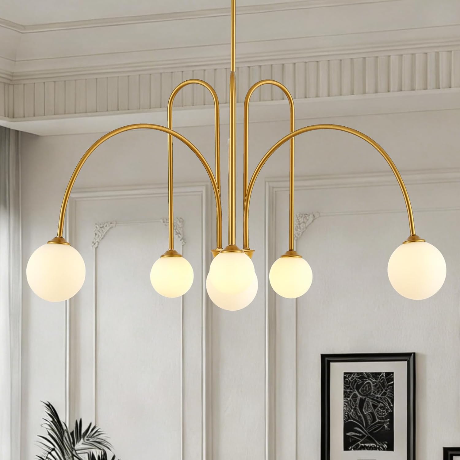 Modern Sputnik Chandelier 6-Light Gold Chandelier for Dining Room L41’’ Large Mid Century Pendant Light Fixture with Milk Glass Globe Shades for Living Room Bedroom