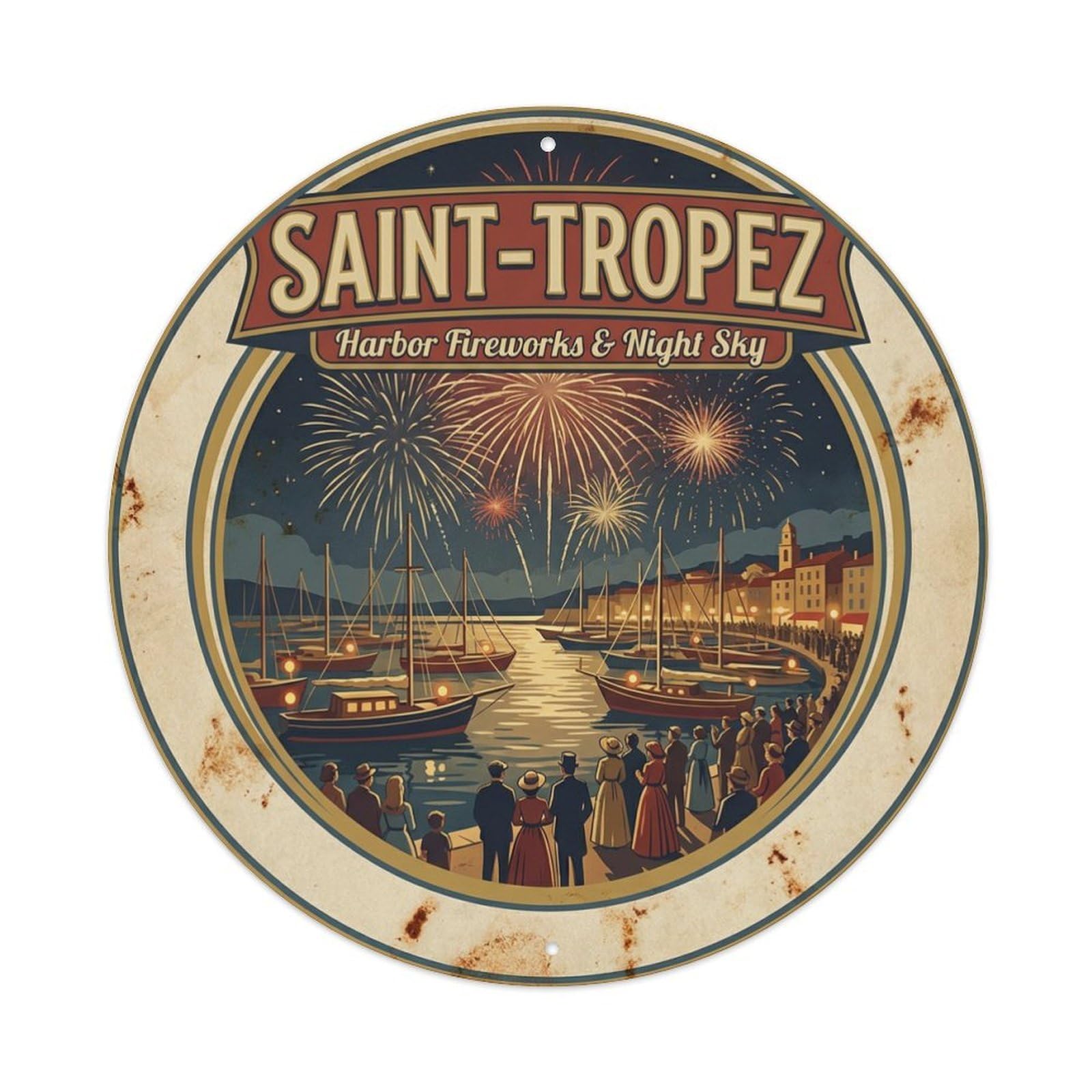 Harbor Fireworks Night Sky Travel France Saint Tropez Metal Tin Sign