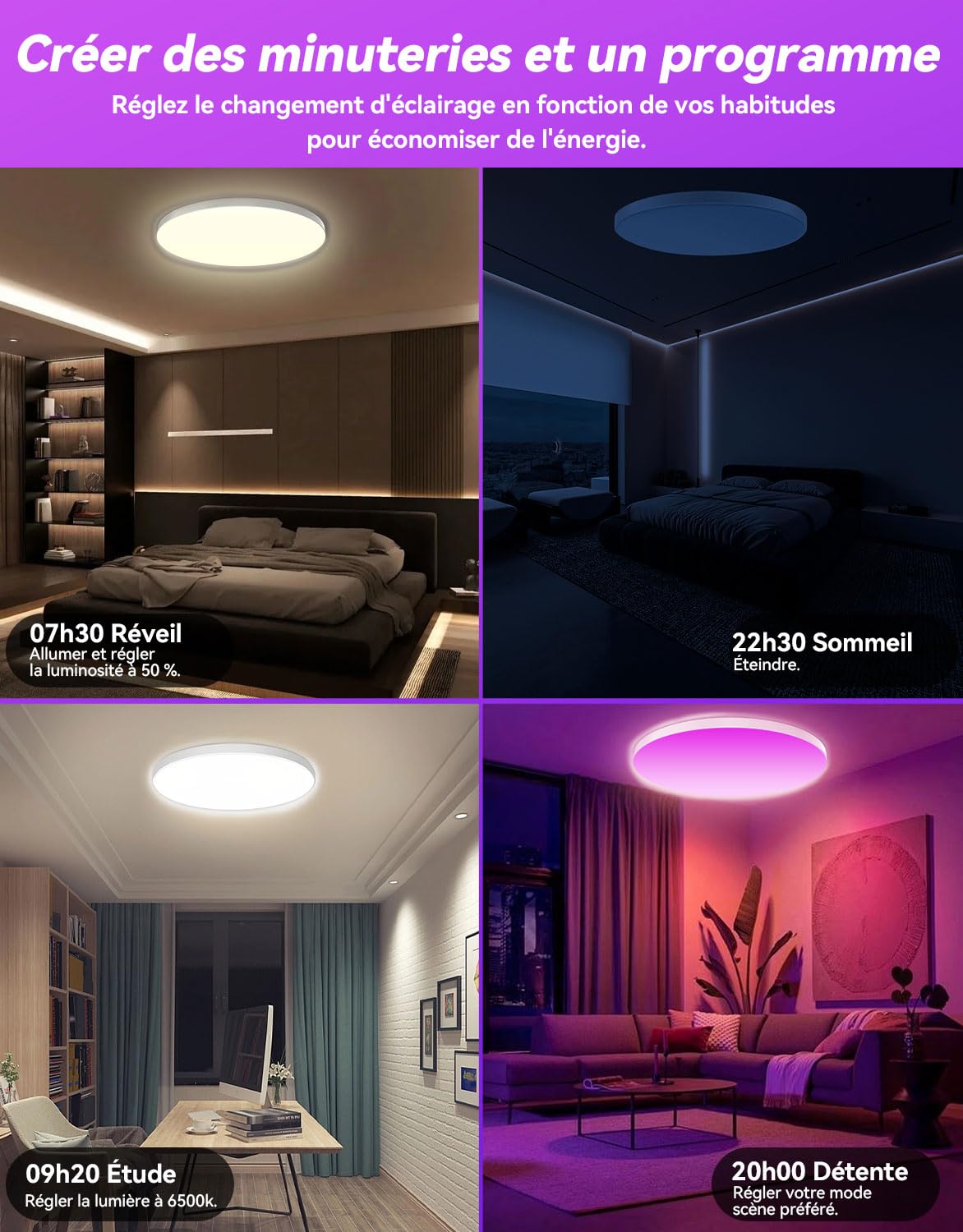 led plafonnier connecté compatible Alexa 30W plafonnier led chambre 16 millions couleurs plafonnier led dimmable , lampe connectée alexa Couleurs DIY 2700K-6500K Contrôle APP salon, coucher, cuisine