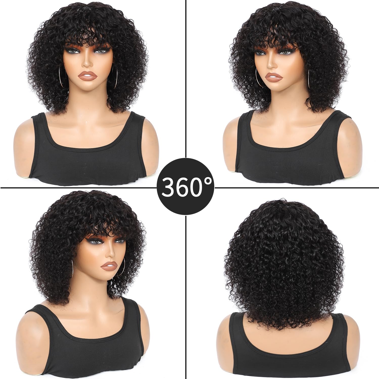 Short Curly Human Hair Wig with Bangs Short Curly Bob Wig Human Hair with Bangs Water Wave Glueless Bob Wig Wear and Go No Lace 180% Density Brazilian Virgin Human Hair Natural Black 12 Inch