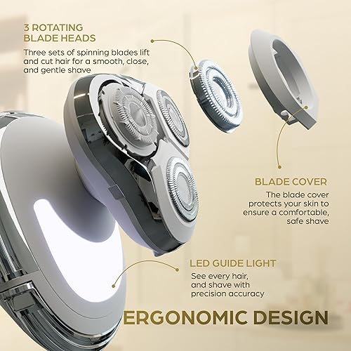 Miniatura 2 de Perry Ellis Maquinilla de afeitar giratoria 3D para mujer, afeitadora eléctrica para piel sensible, 3 cabezales giratorios con luz guía LED,