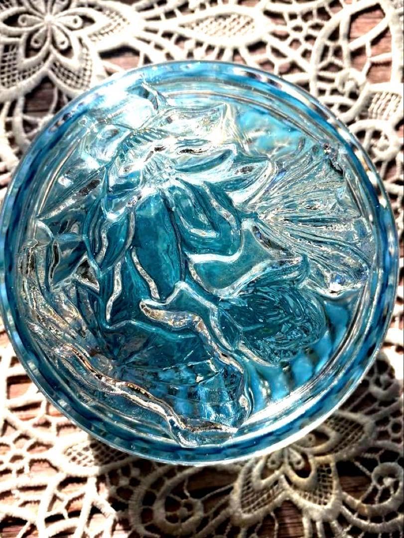 アクアブルー　オパールセント　キャンディディッシュ　花模様の蓋 アクアブルー オパールセント キャンディディッシュ 花模様の蓋