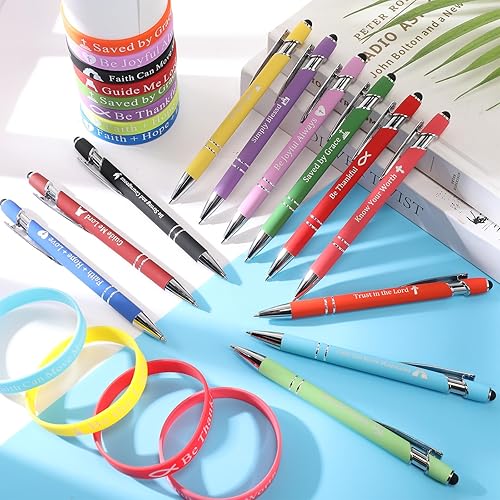 Miniatura 7 de Glenmal Juego de 24 pulseras de bolígrafos cristianos, regalos cristianos, bolígrafos de tinta negra, pulseras de goma de colores para niños,