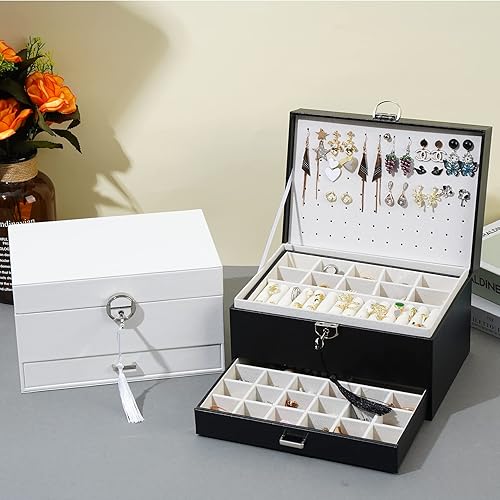 Miniatura 6 de BOOVO Joyero de aretes para mujer y niña, organizador de aretes de 5 capas, caja organizadora de joyas con cerradura para aretes, organizador de