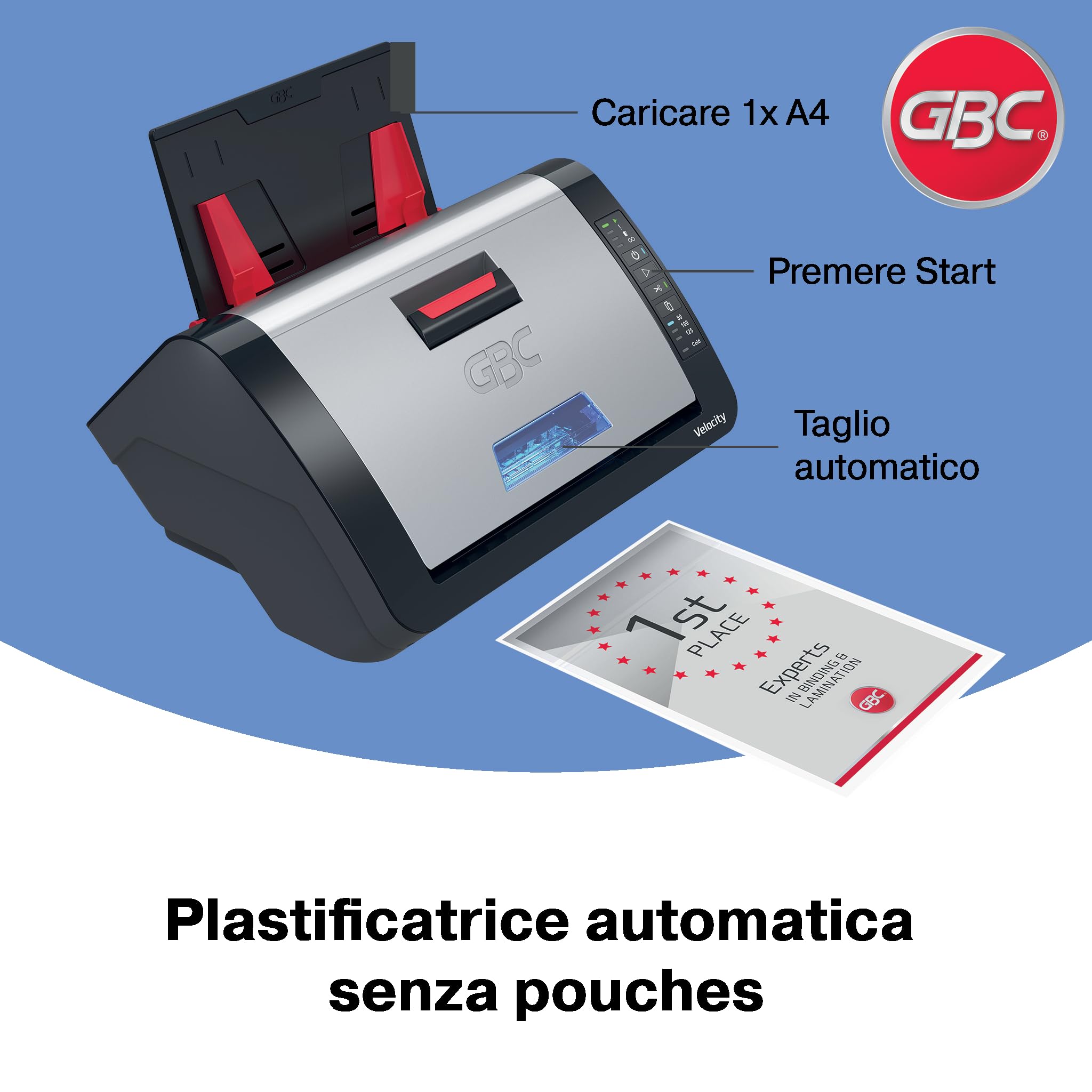 Plastificatrice Automatica GBC Velocity A4 - Plastificatrice da Tavolo con Allineamento e Taglio Automatico, Riscaldamento Rapido - Include Cartuccia Starter 80 Micron 42,5x23,5x34cm