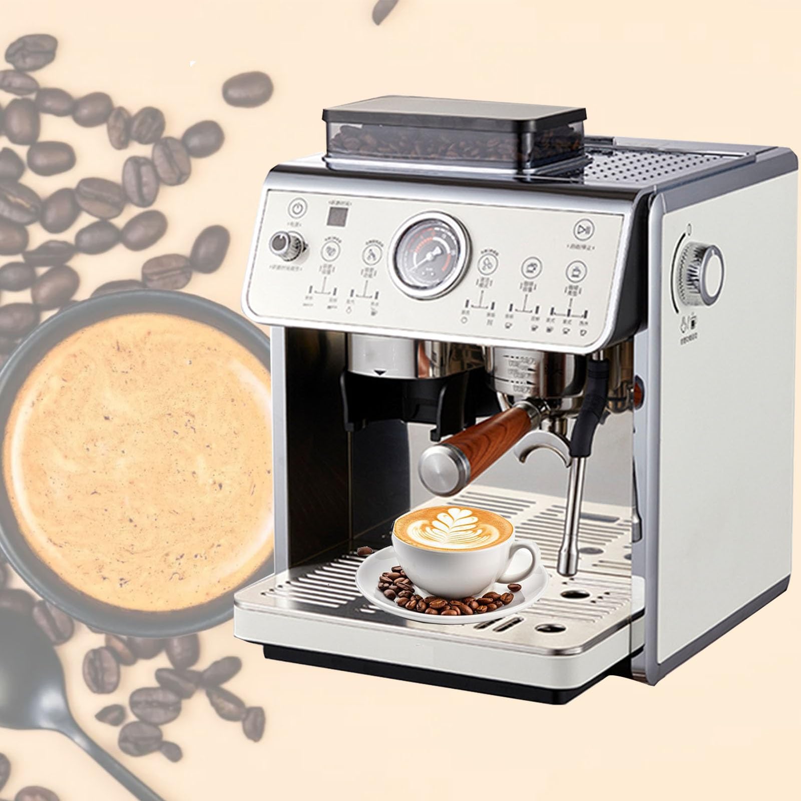 Cafeteras de espresso con molinillo de 2200 W, cafetera espresso con vaporizador de leche, cafetera semiautomática for capuchino y latte de 25 bares con depósito de agua extraíble de 90 oz.
