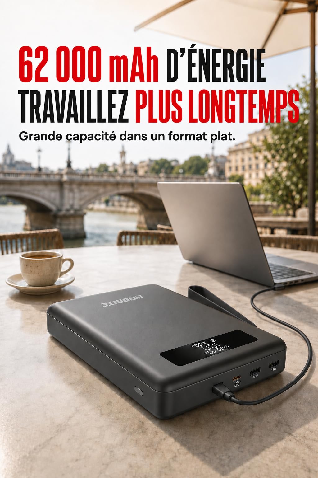 LITIONITE Falcon Batterie Externe 62000mAh avec Écran LCD, 200W pour PC Portable et MacBook, 2 Ports USB-C 100W PD 3.0, Batterie LiFePO4 3000 Cycles, Design Plat