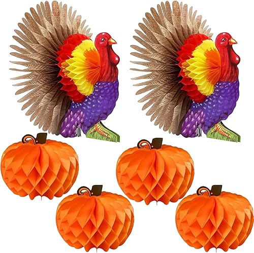 Paquete de 6 centros de mesa de Acción de Gracias, centros de mesa de papel de pavo y calabaza de panal para mesas, centro de mesa de otoño,