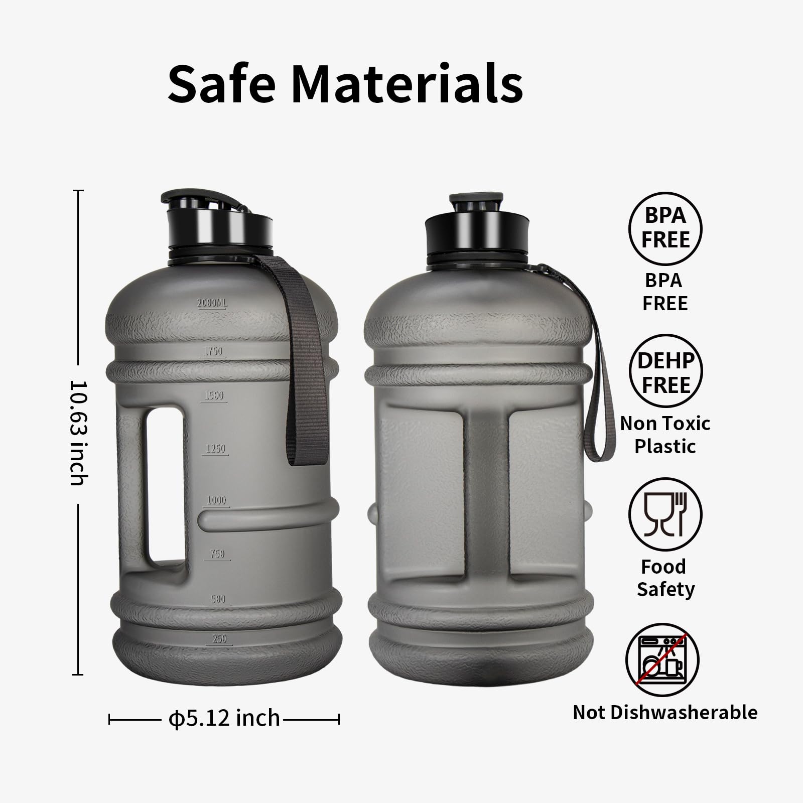 TOOFEEL Botellas de agua de 2 litros, botella de agua de medio galón sin BPA, ideal para gimnasio, jarra de agua de medio galón, botella de agua grande reutilizable con medidas marcadas, botella de