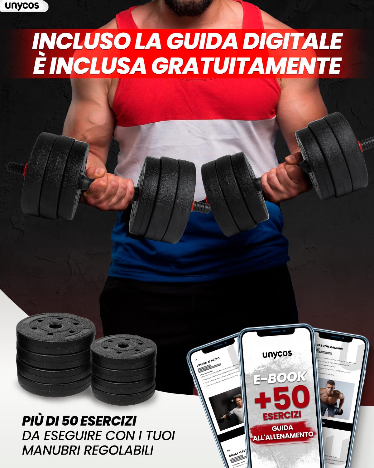unycos - Manubri Regolabili con Dischi 10-40 kg【E-Book con 50 Esercizi】Coppia di Pesi con Barra di Collegamento Antiscivolo per Allenamento, Palestra in Casa, Fitness (Red/Orange Transformer)