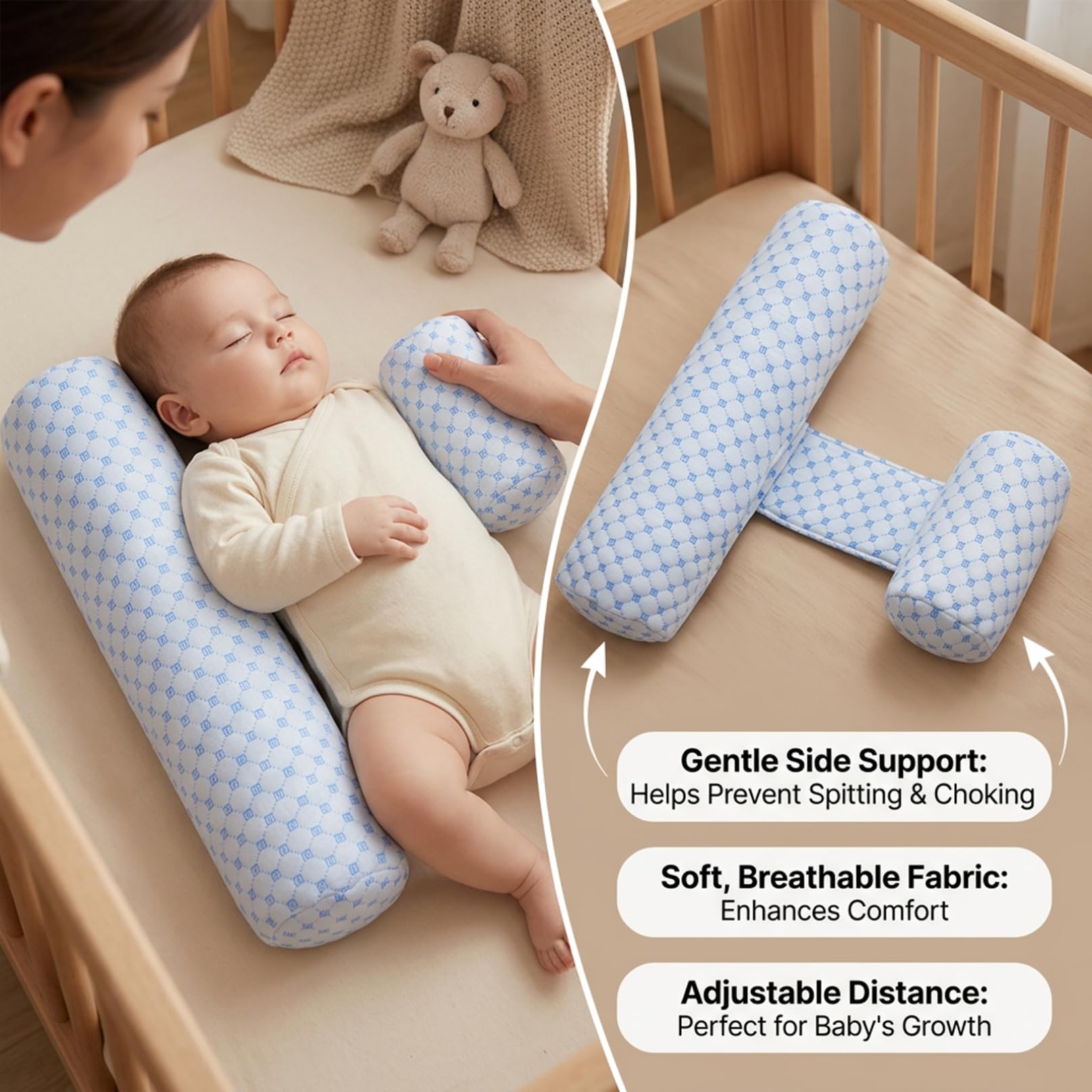 Oreiller Anti-roulis pour bébé, cale de Couchage latérale réglable et Respirante pour bébé, Oreiller de Reflux Amovible et Lavable pour bébés Bleu, cale Couchage latérale