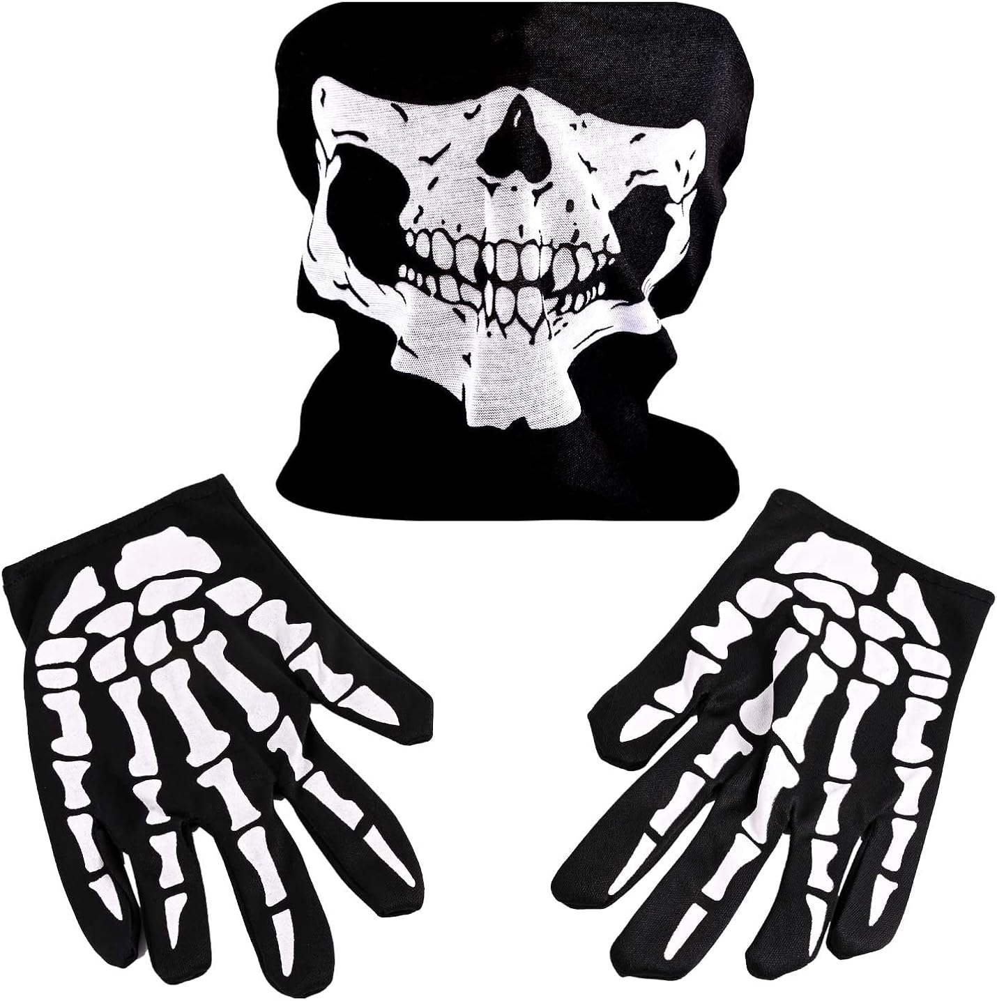 iPobie Guantes de Esqueleto Blancos y Antifaz de Cara de Calavera Guantes de Punto Estirables Mecánicos para Fiesta de Disfraz de Danza de Halloween de Adultos