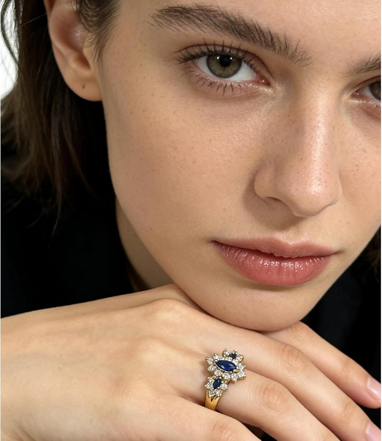 Dainty Ring for Women 925 Sterling Silver 14K Gold Plated,Blue Cubic Zirconia Marquise Cut Halo Promise Ring Jewelry Gifts for Her,Vintage Ring for Anniversary Wedding Engagement Daily Size:6-10