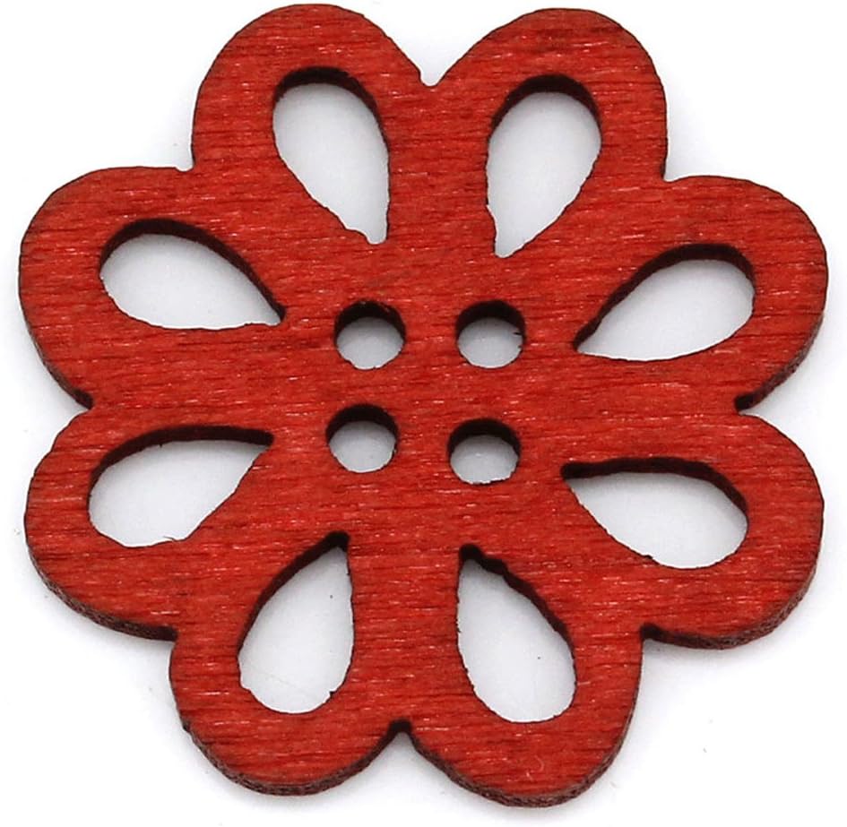 bangdan 200pcs New Wood Buttons Sewing Scrapbooking Flower Hollow 4 Holes Red 21x20mm โ Wood, Red