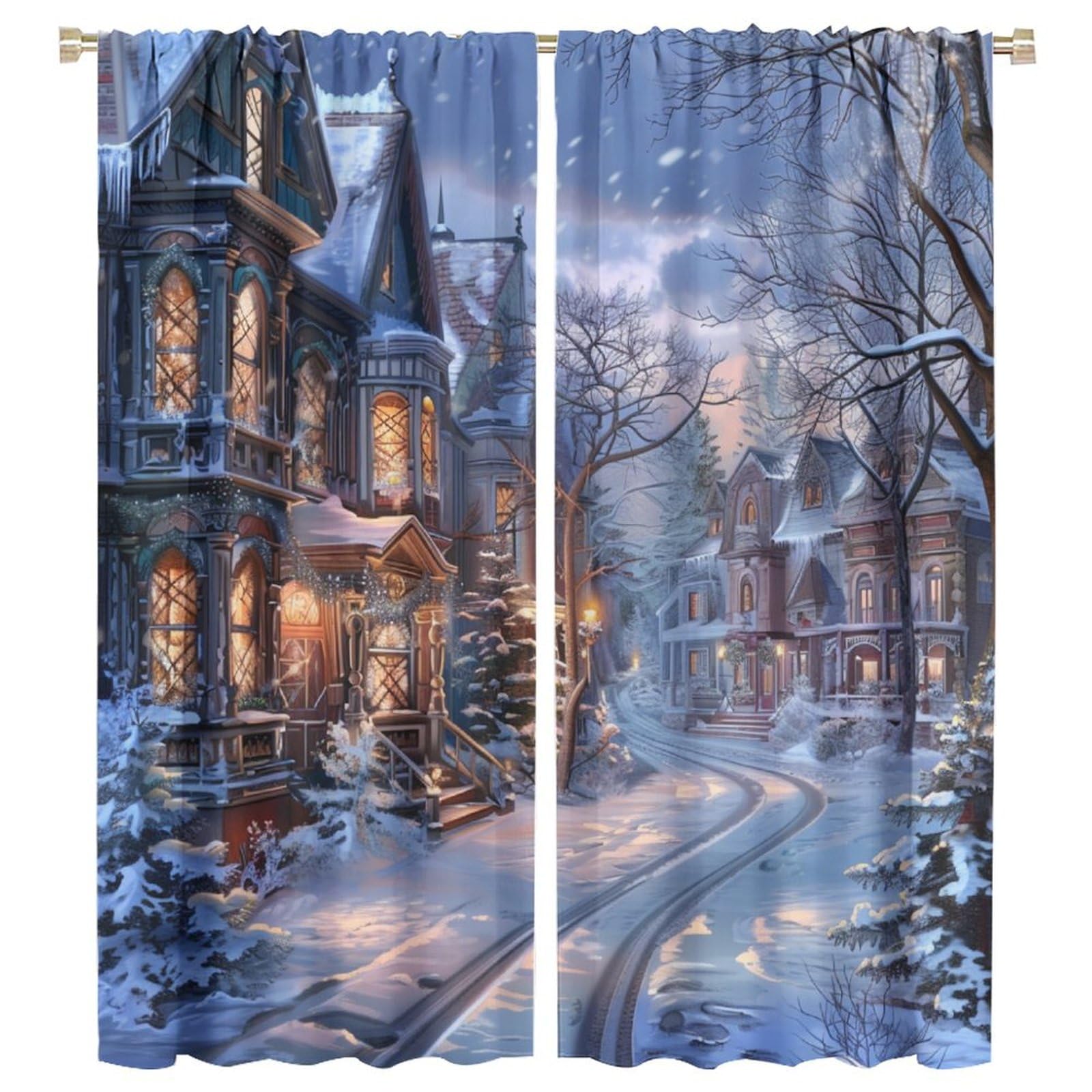 TOWINSFB Christmas Village Scenery Blackout Curtains for Bedroom Living Room, Town Tree Path Curtains Rod Pocket Thermal Insulated Window Drapes, 2
