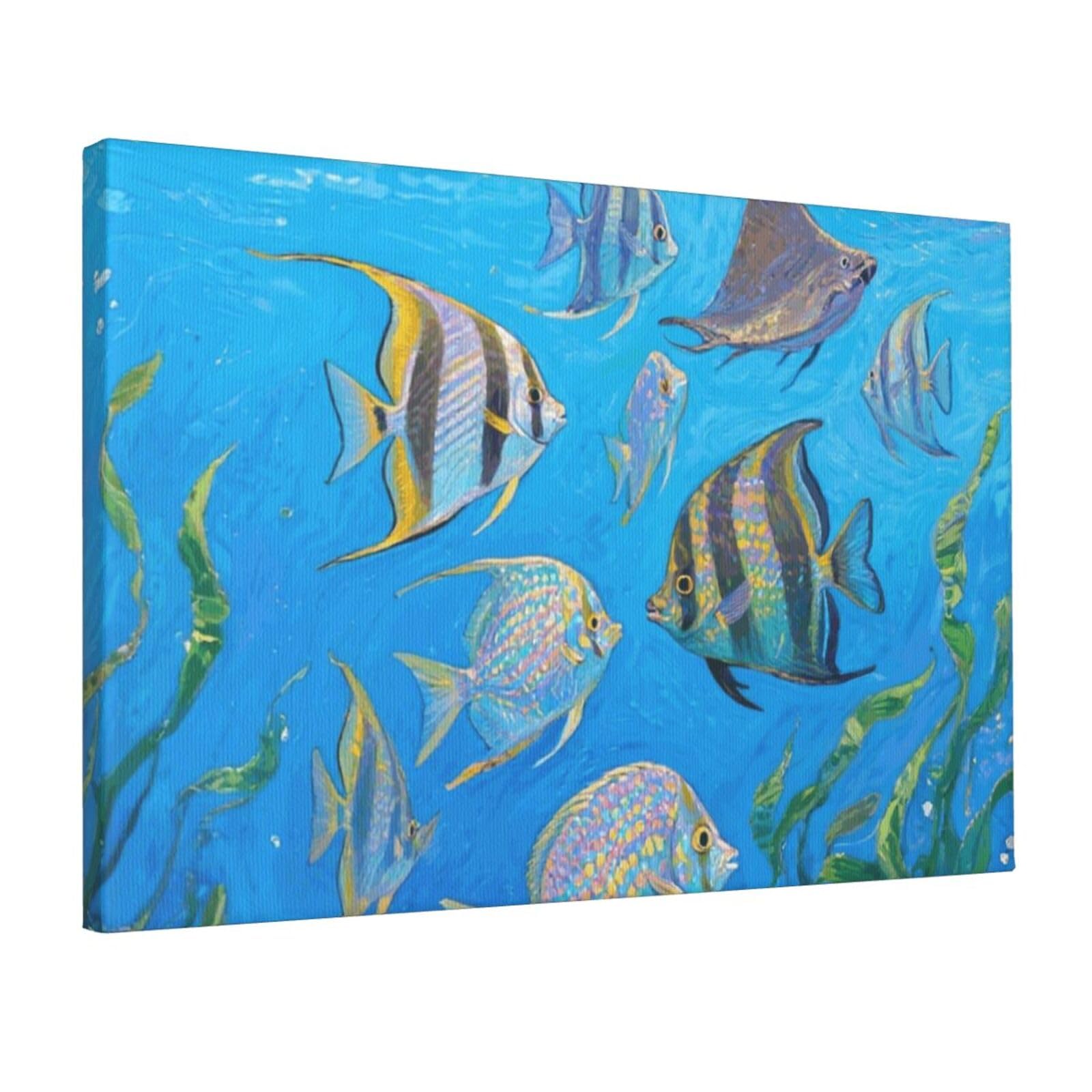 Fodpand Ocean Fish Unframed Canvas Wall Art,Modern Posters Print Wall Decor Canvas Oil Painting For Bedroom Living Room Bathroom Wall Hanging Artwork Ready To Hang 12"X18"