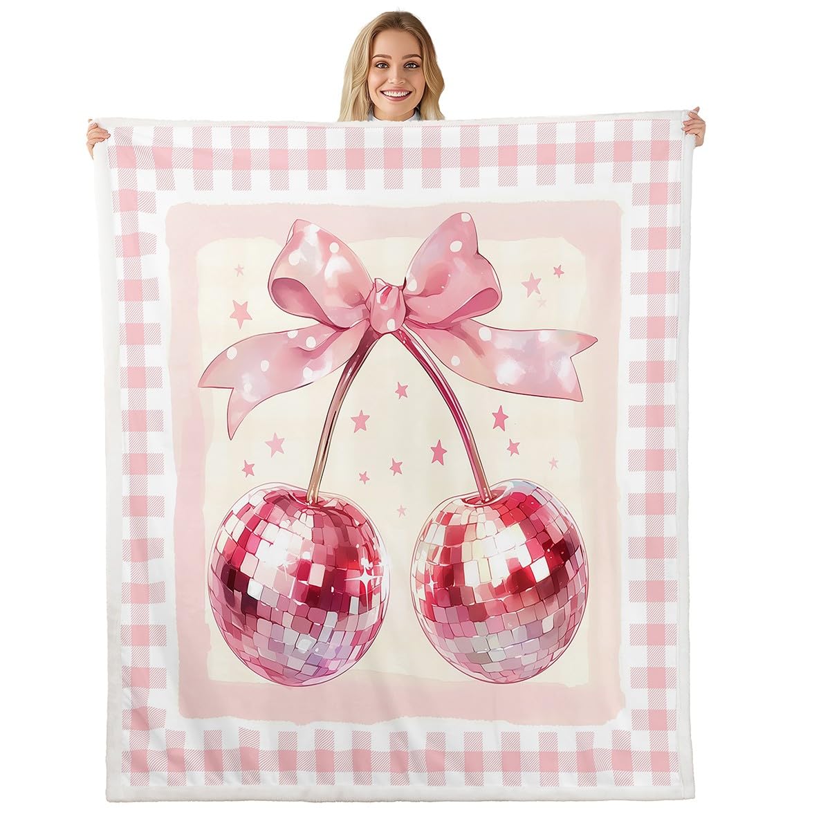 Manfei Girls Pink Bow Throw Blanket Cute Bowknot Cherry Fuzzy Blanket for Kids Princess Room Decor, Pink Plaid Blanket for Bed Couch Sofa, Soft and Breathable (50 x 60 Inches)