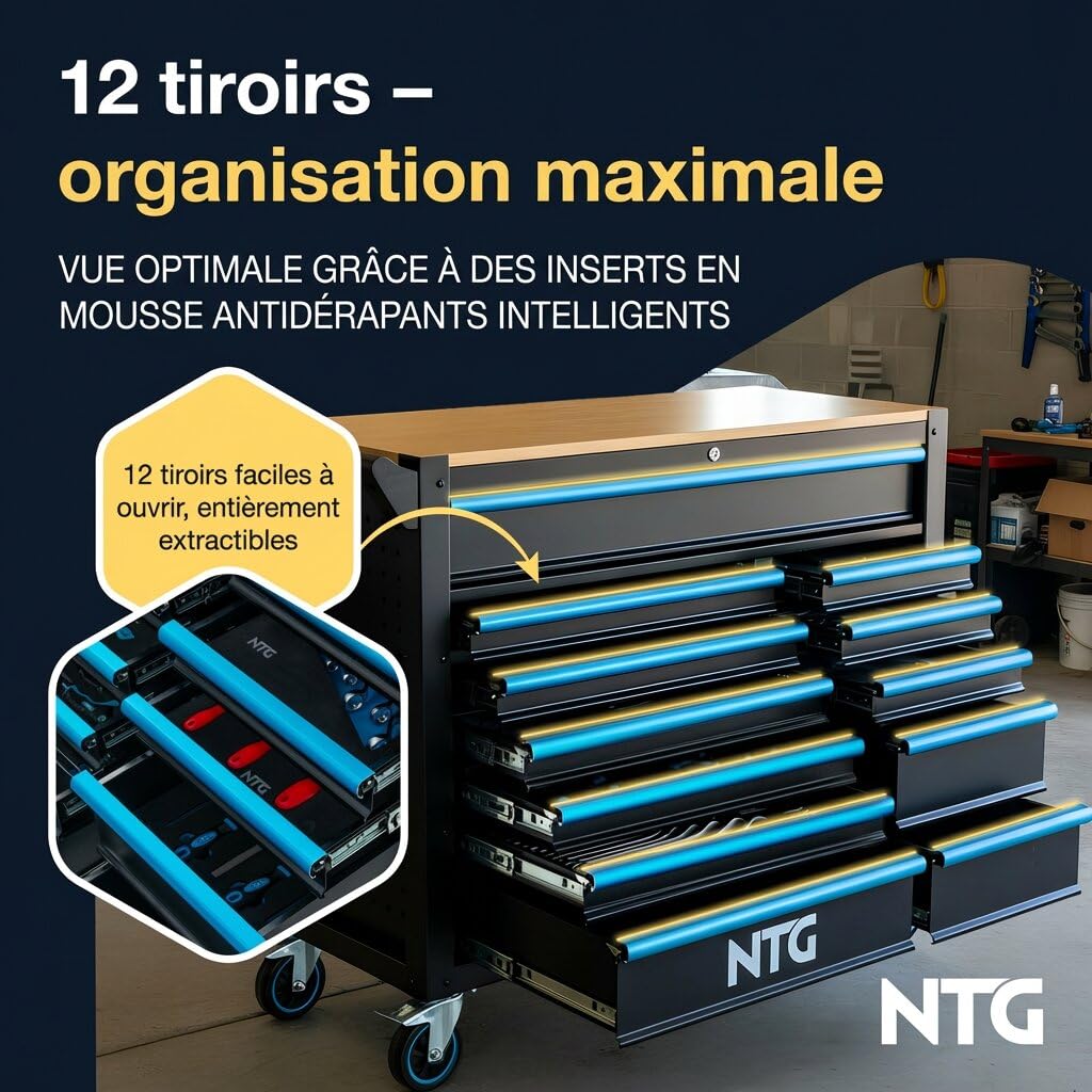 NTG Chariot à outils XXL – 471 pièces – 12 tiroirs avec plan de travail en bois, verrouillable, mobile sur roulettes – Meuble de rangement professionnel en métal pour garage et atelier