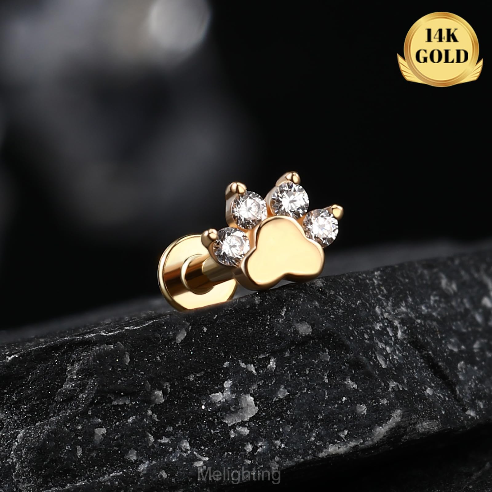 Melighting 14 K Gelbgold, Hundepfote, Knorpelohrring, Innengewinde, Helix, CZ, flach, hinten, 8 mm, Tragus, Daith, 16 g, Labret Stud