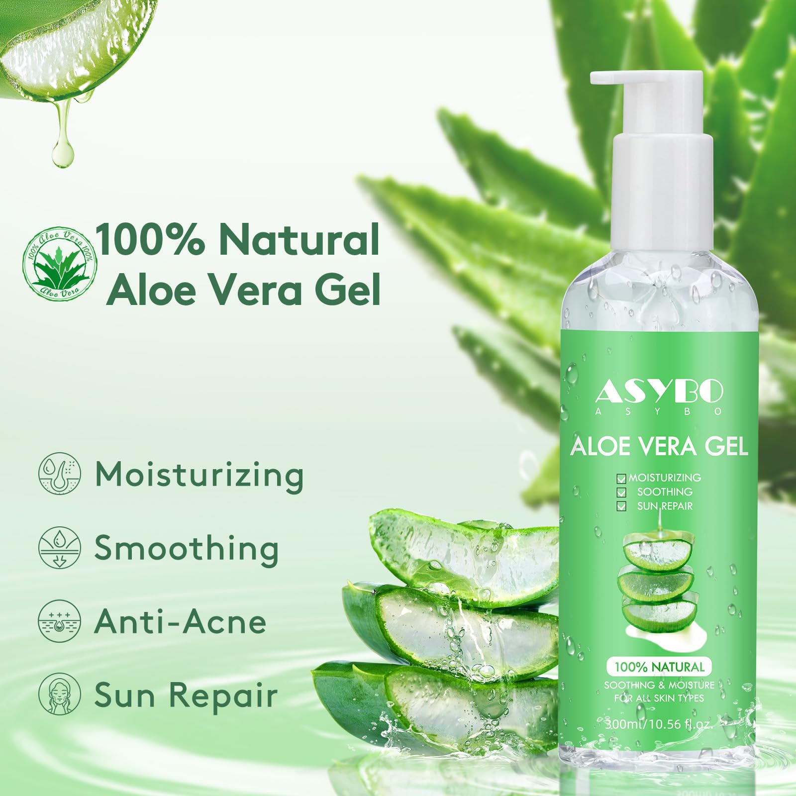 ASYBO 300 ml Aloe Vera Gel, 100% natrliche, reine Aloe Vera  Feuchtigkeitscreme, After-Sun-Pflege, reduziert Akne, repariert Narben :  Amazon.de: Kosmetik