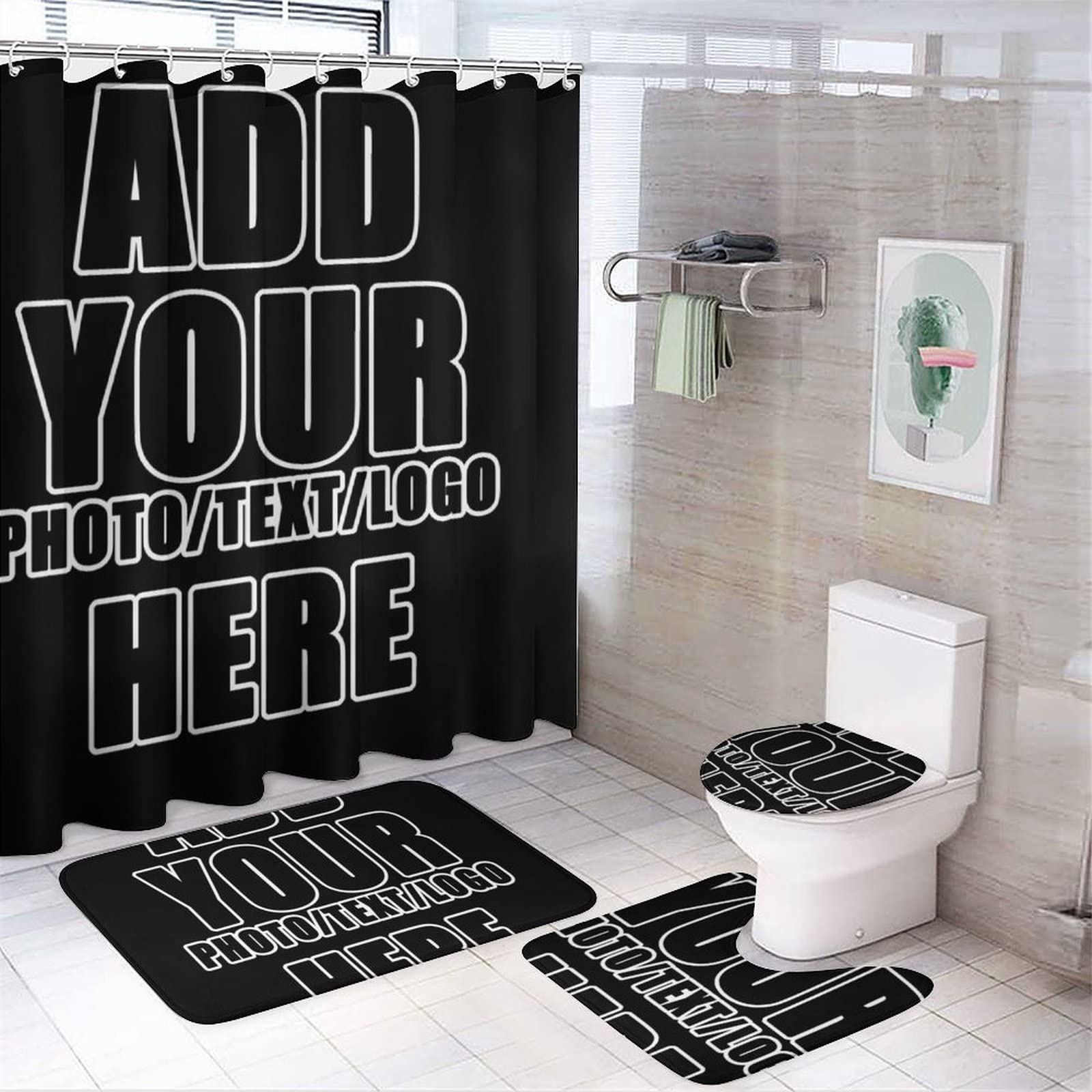 NALAHOME Custom Shower Curtain Sets with Rugs Waterproof Fabric with Your Photo Text Logo Included Bath Mat 1 Contour Mat 1 Toilet Lid Cover Style02