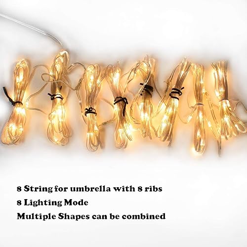 Miniatura 3 de Luces para sombrilla de patio, 8 modos de iluminación, 104 luces LED con control remoto, funciona con pilas, impermeable, decoración al aire libre