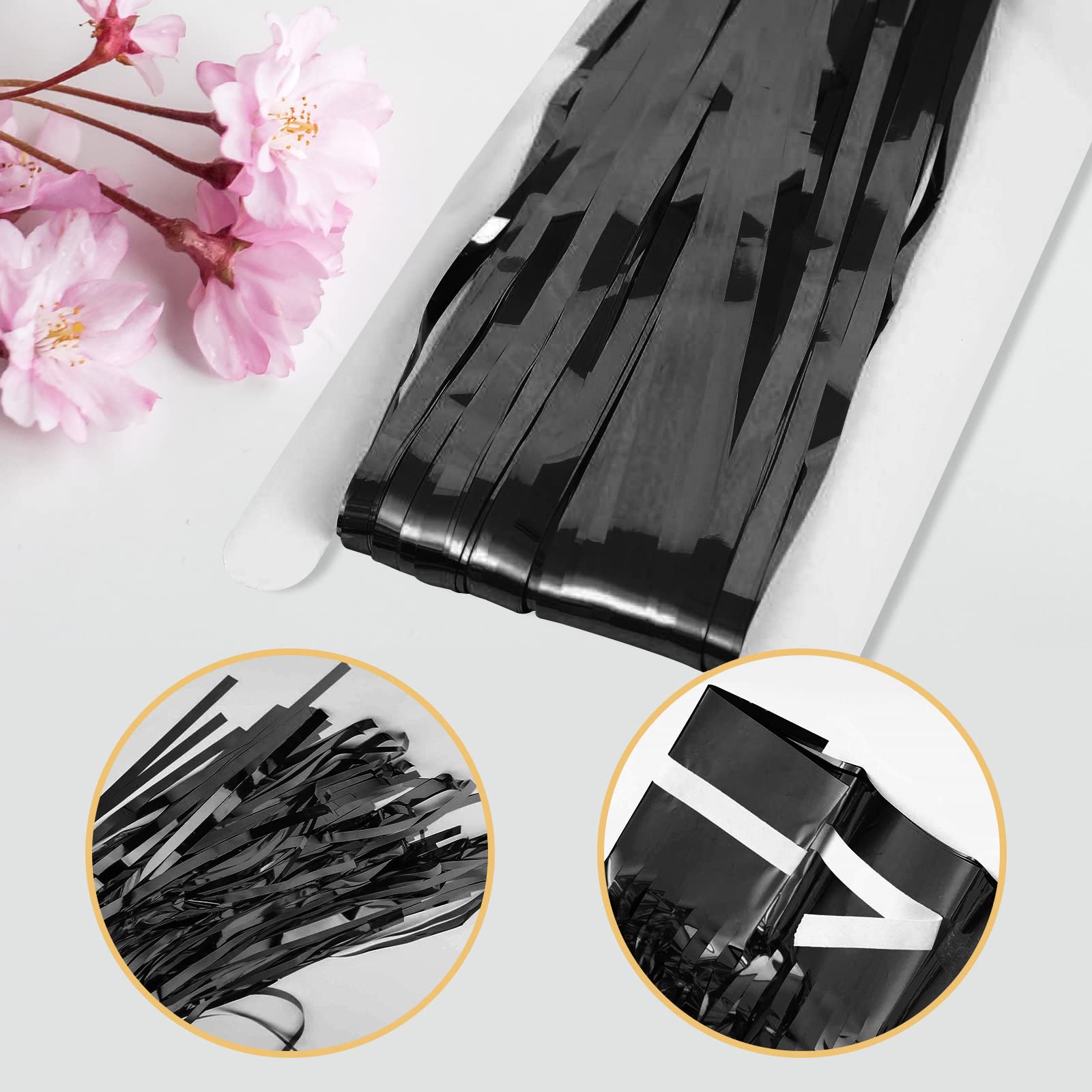 Lot de 50 rideaux à franges en feuille d'aluminium métallique pour décoration de fête d'anniversaire, cabine photo, 1 x 2,5 m, noir