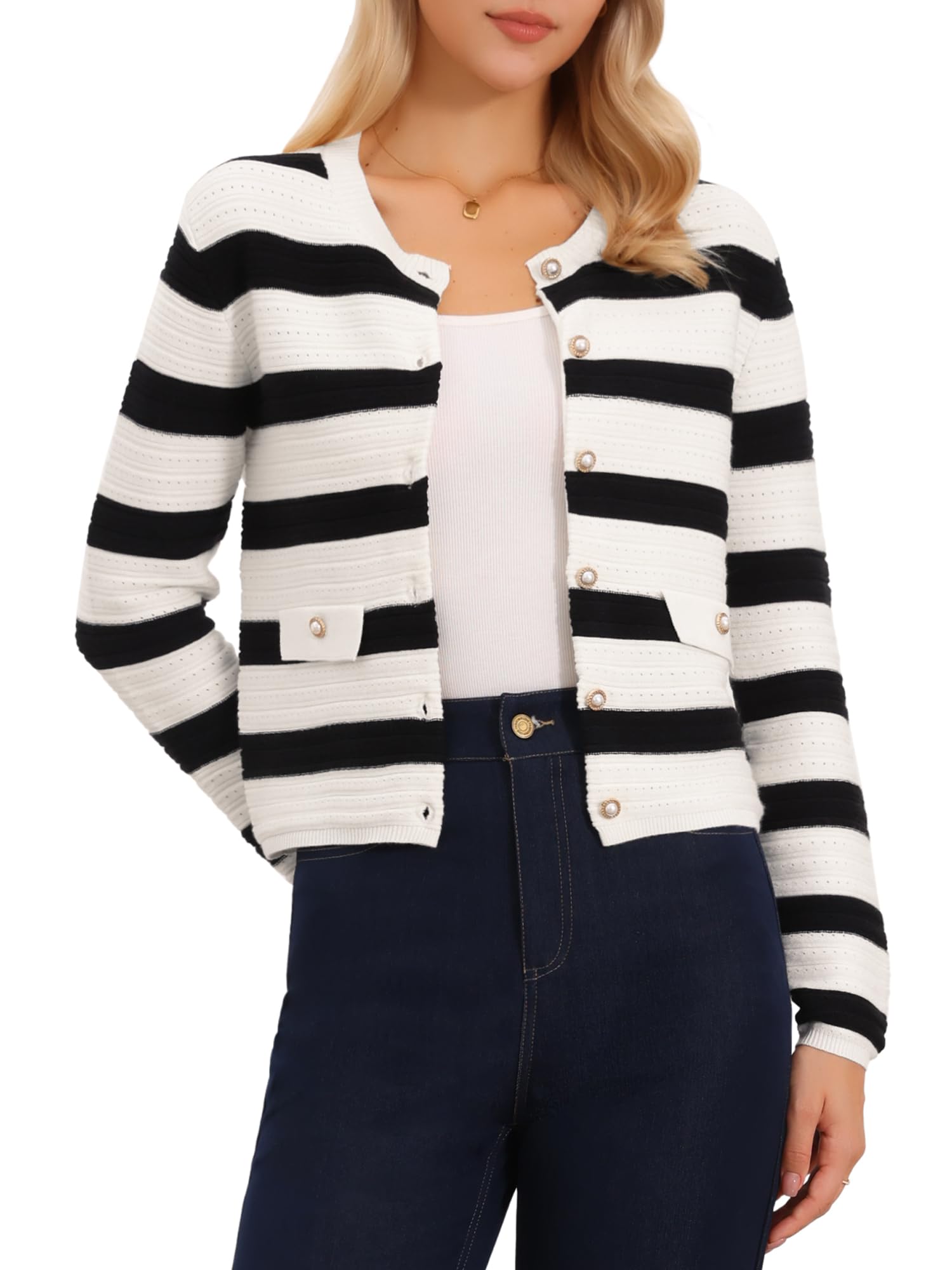 Allegra K Striped Cardigan for Womens Color Block Long Sleeve Button Down Crewneck Knit Sweater Tops