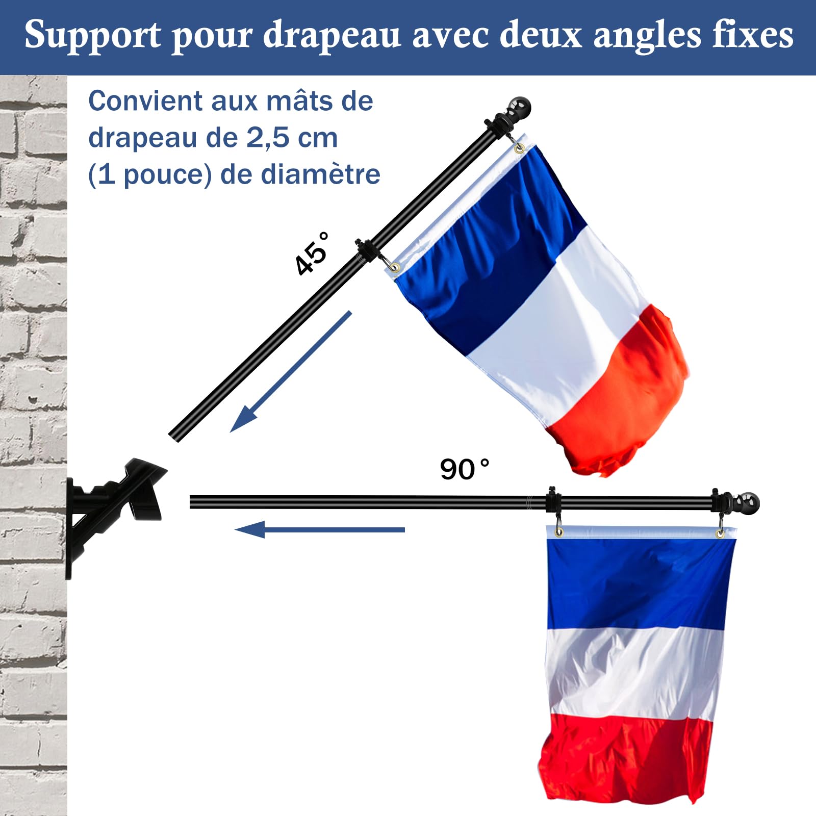 NQ Mât de Drapeau 1,5M avec Support, Français Mât pour Drapeau en Acier Inoxydable Extérieur, pour Les Fêtes et la Déco Maison (Noir)